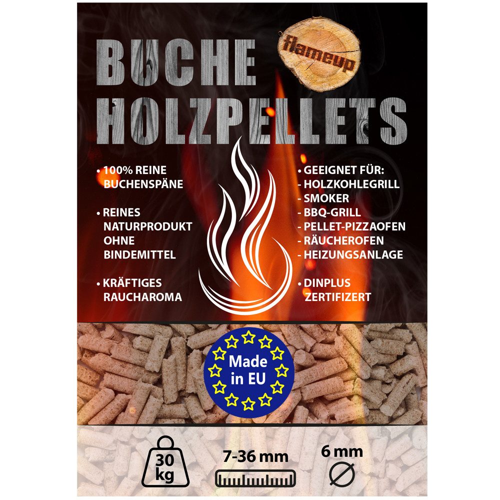 Flameup Holzpellets Buche Pellets 15 kg 30 kg Grill Smoker Pizzaofen BBQ Holz Grillen, 30 kg