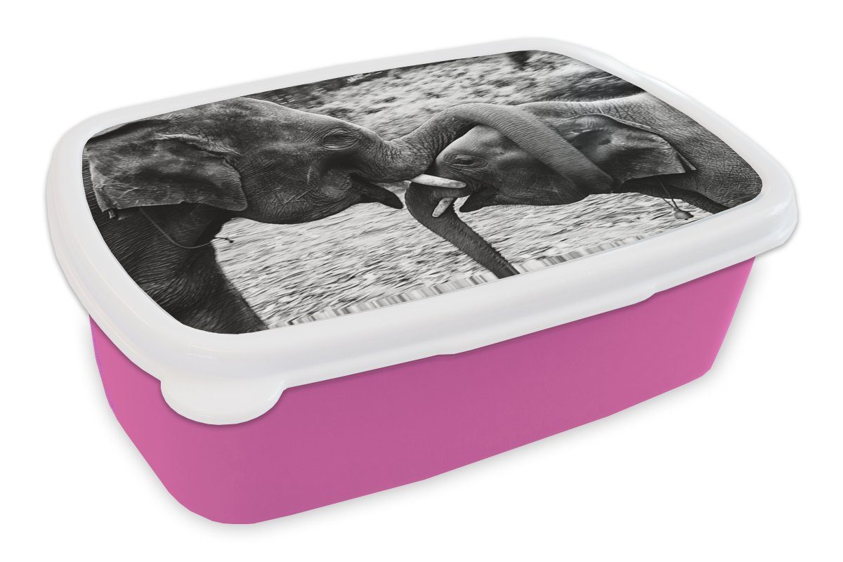 MuchoWow Lunchbox Elefant - Tiere - Natur - Schwarz und weiß, Kunststoff, (2-tlg), Brotbox für Erwachsene, Brotdose Kinder, Snackbox, Mädchen, Kunststoff rosa