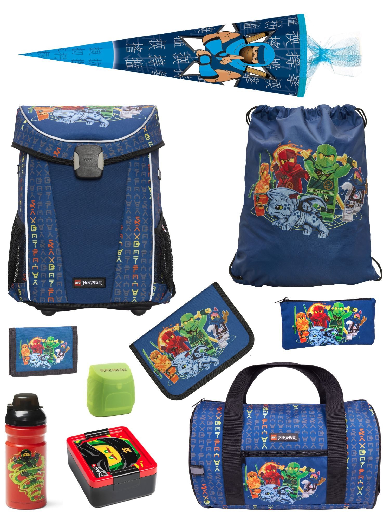 LEGO® Bags Schulranzen Easy Light Lego Ninjago Schultasche Blau ab der 1. Klasse (Set, 10-tlg., inkl. Lunch-Set, Sporttasche & Ninja Schultüte / Zuckertüte), mit Brustgurt, 870 Gramm leicht, 29L Volumen