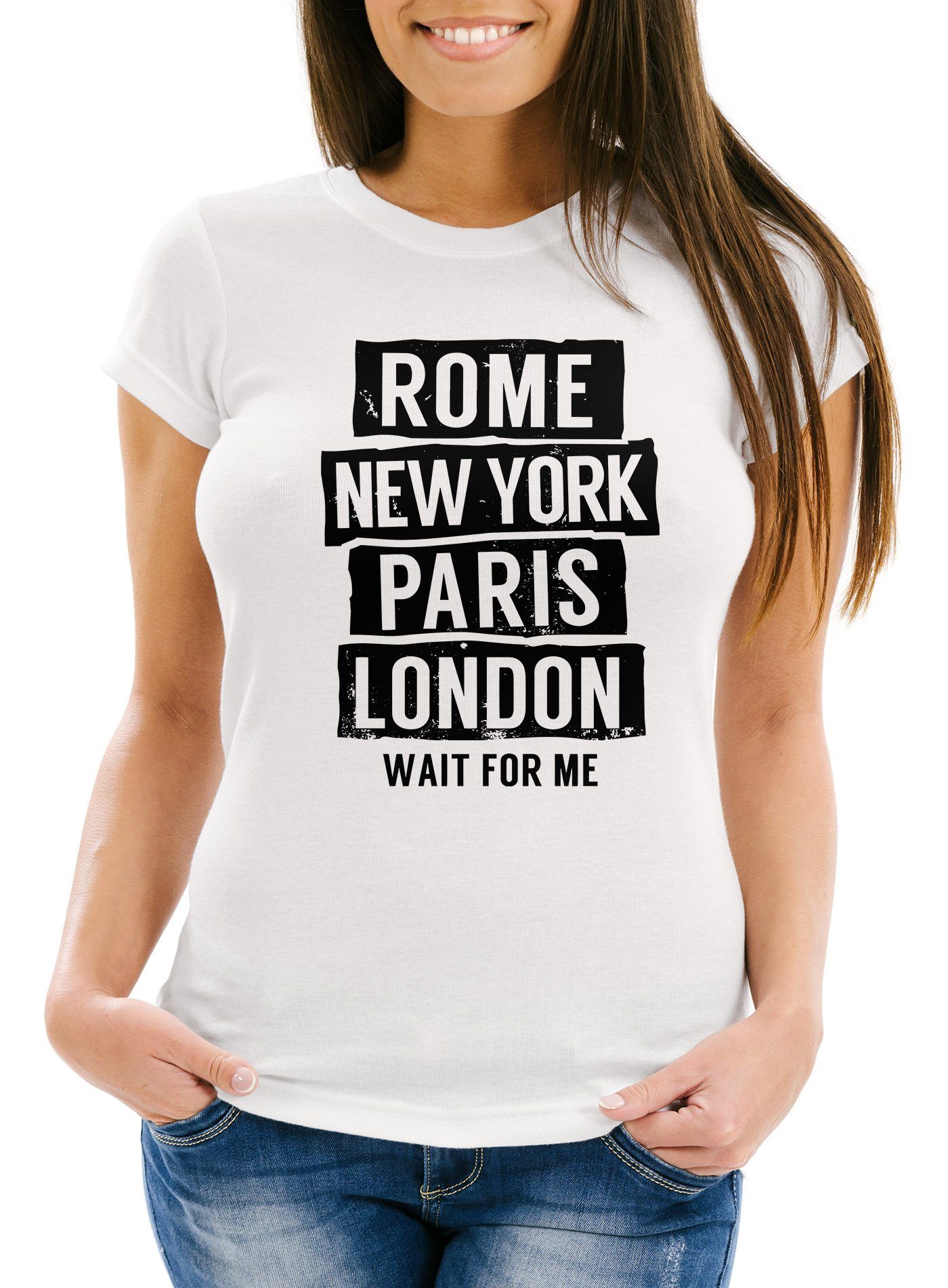 MoonWorks PrintShirt »Damen TShirt Rome New York Paris London Wait for me Slim Fit Moonworks