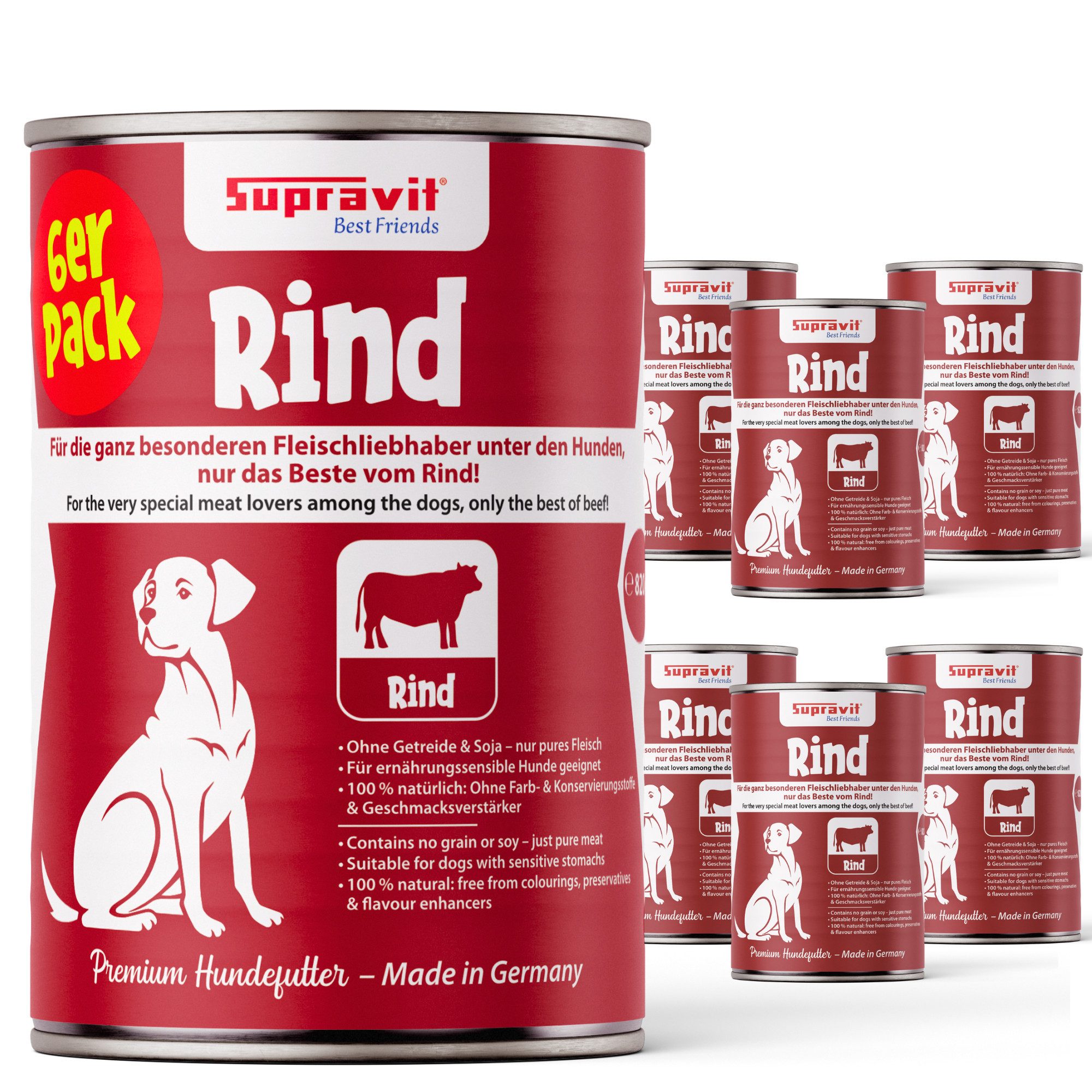 Supravit Nassfutter für Hunde 6 x 820g Dosen - Schmackhaftes Hundefutter nass Rind, Nassfutter für: Hund
