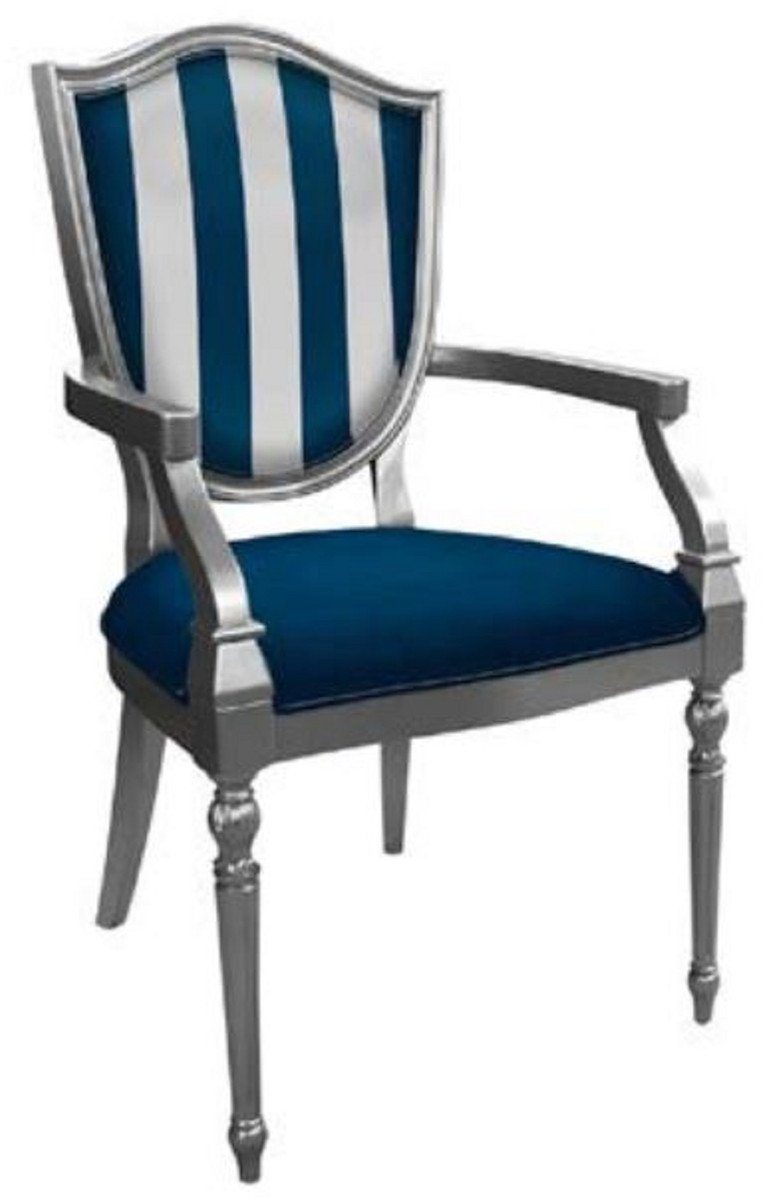 Casa Padrino Esszimmerstuhl Art Deco Esszimmerstuhl Blau / Silber - Gestreifter Massivholz Stuhl mit Armlehnen - Art Deco Esszimmer Möbel