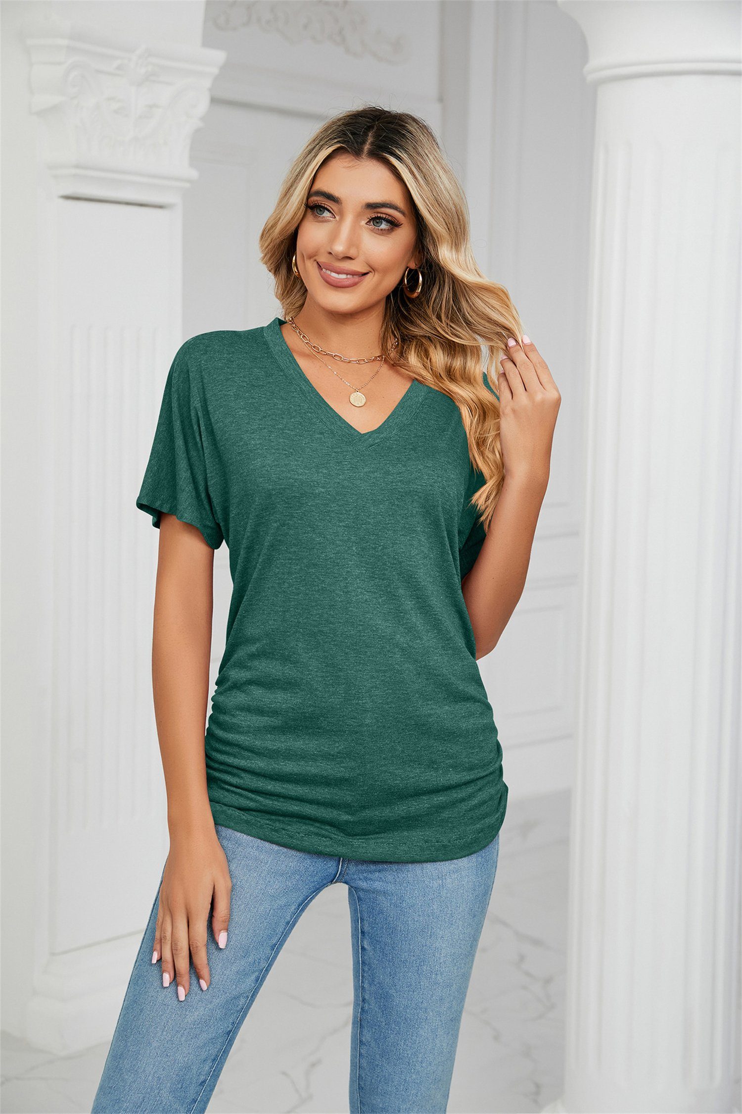 carefully selected V-Shirt Damen-T-Shirt, kurzärmelig, V-Ausschnitt, Sommer-Basic-Bluse Grün