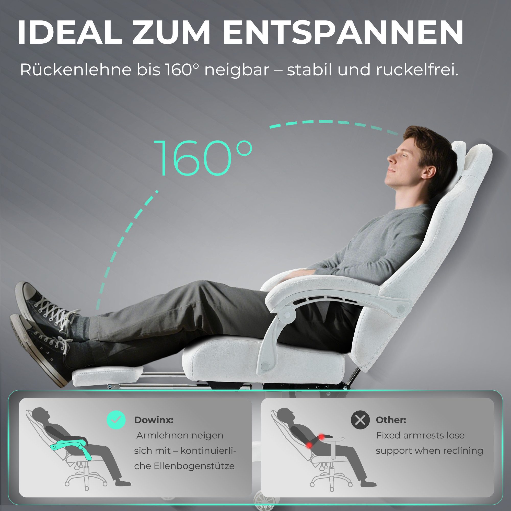 Dowinx Gaming-Stuhl Atmungsaktiver und Ergonomischer Bürostuhl aus Mikrofaser-Velours (Packung), Weiches Sitzgefühl, Verstellbarer Schreibtischstuhl mit Fußstüt – Bild 3 von 5