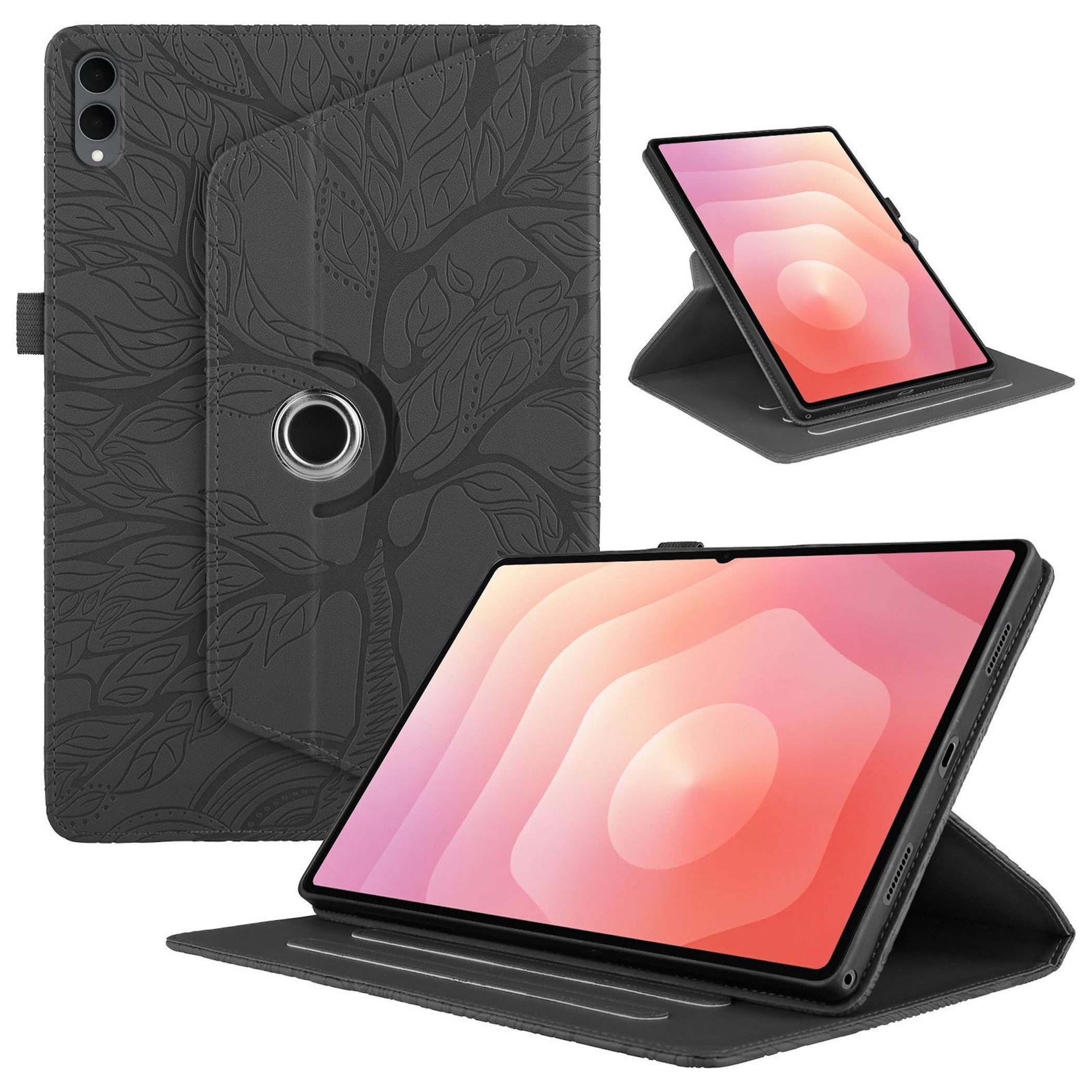 Wigento Tablet-Hülle Für Samsung Galaxy Tab S11 Ultra 360 Baum Kunstleder Tasche Schwarz, 360° Drehfunktion, Baum des Lebens Motiv, Standfunktion