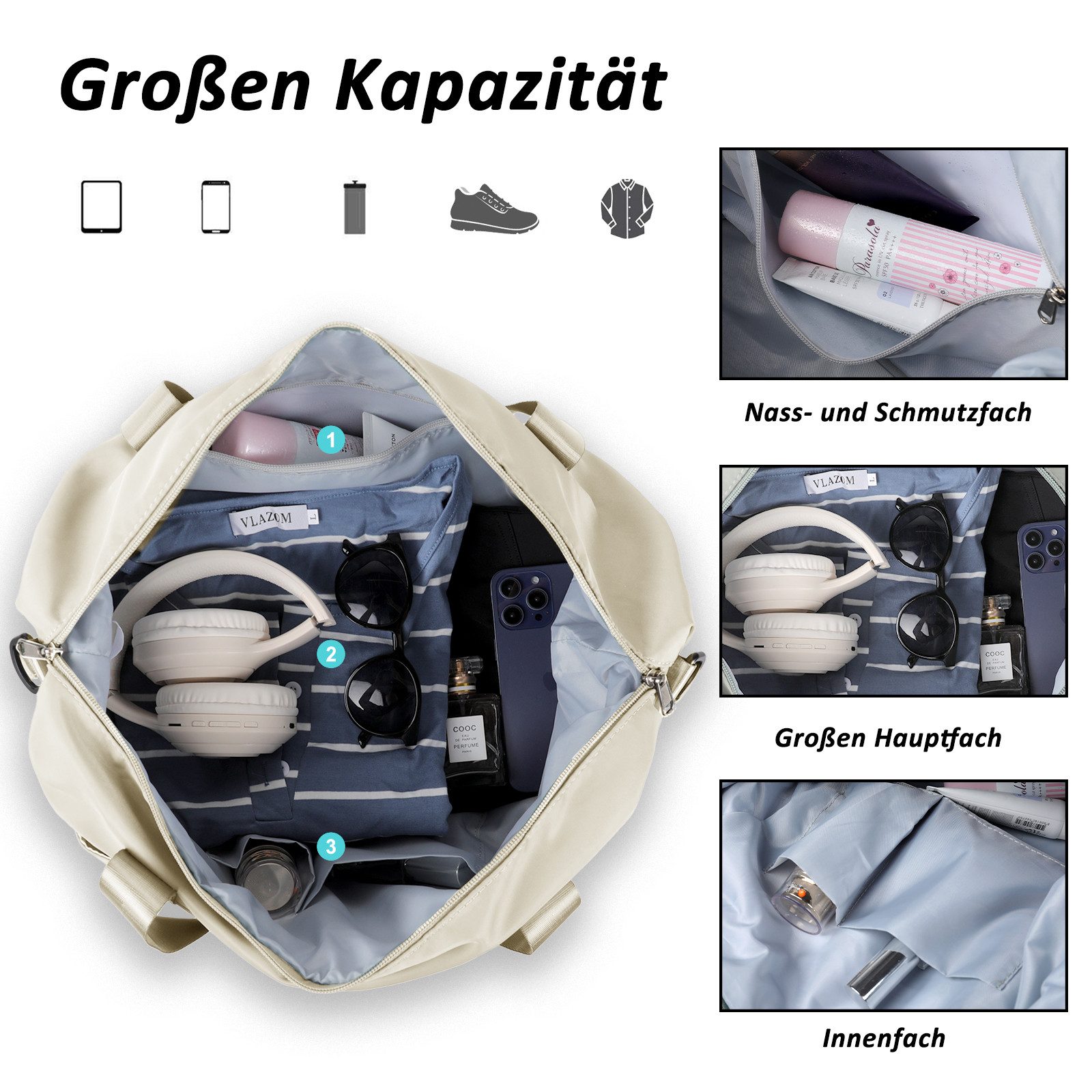 TAN.TOMI Reisetasche Erweiterbares Reisetasche Damen Herren Sporttasche 42x28x23 Handgepäck (Erweiterbares Weekender Bag mit Nassfach), Schwimmtasche Wasserdicht Travel Bag Fitnesstasche Trainingstasche