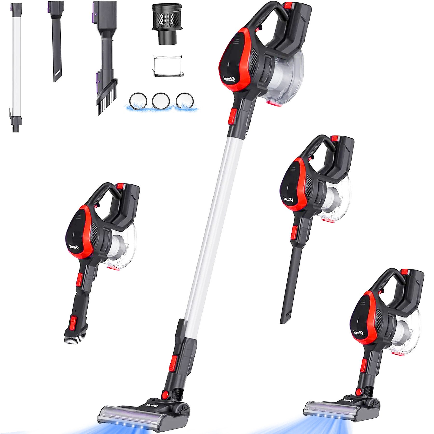 VacniQ Akku-Hand-und Stielstaubsauger Akku Staubsauger, Akkustaubsauger,Ultraeffizientes Filtrationssystem, Staubfangkasten, 150° drehbare Bodenbürste mit LED-Beleuchtung