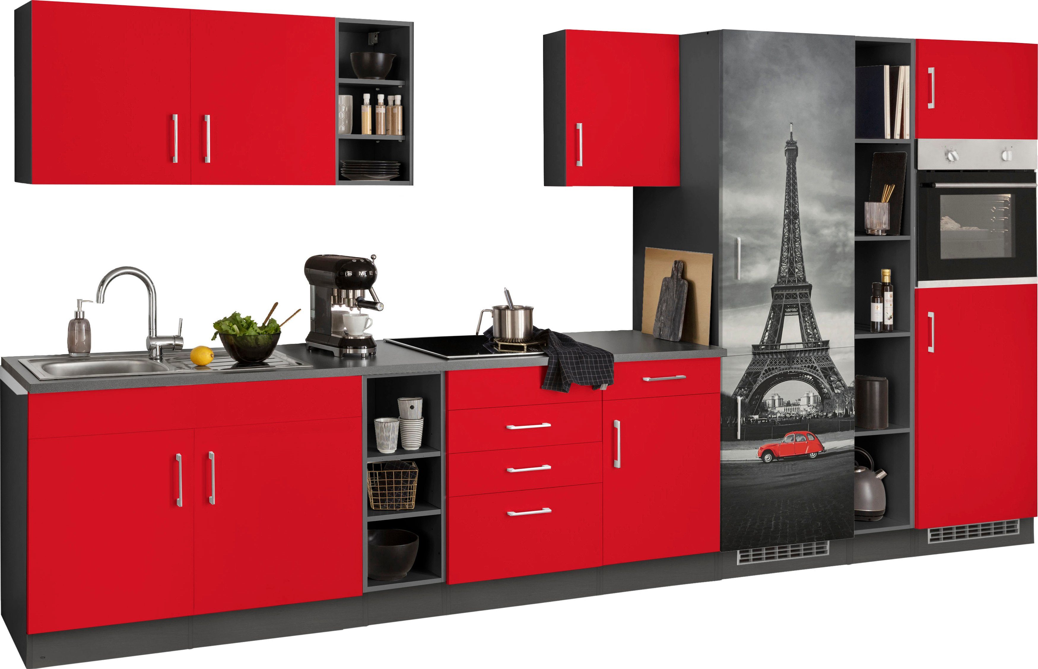 KOCHSTATION Küchenzeile KS-Paris – Küchen mit einzigartigen Fotomotiven auf den Fronten, Breite 390 cm, wahlweise mit E-Geräten und Induktion