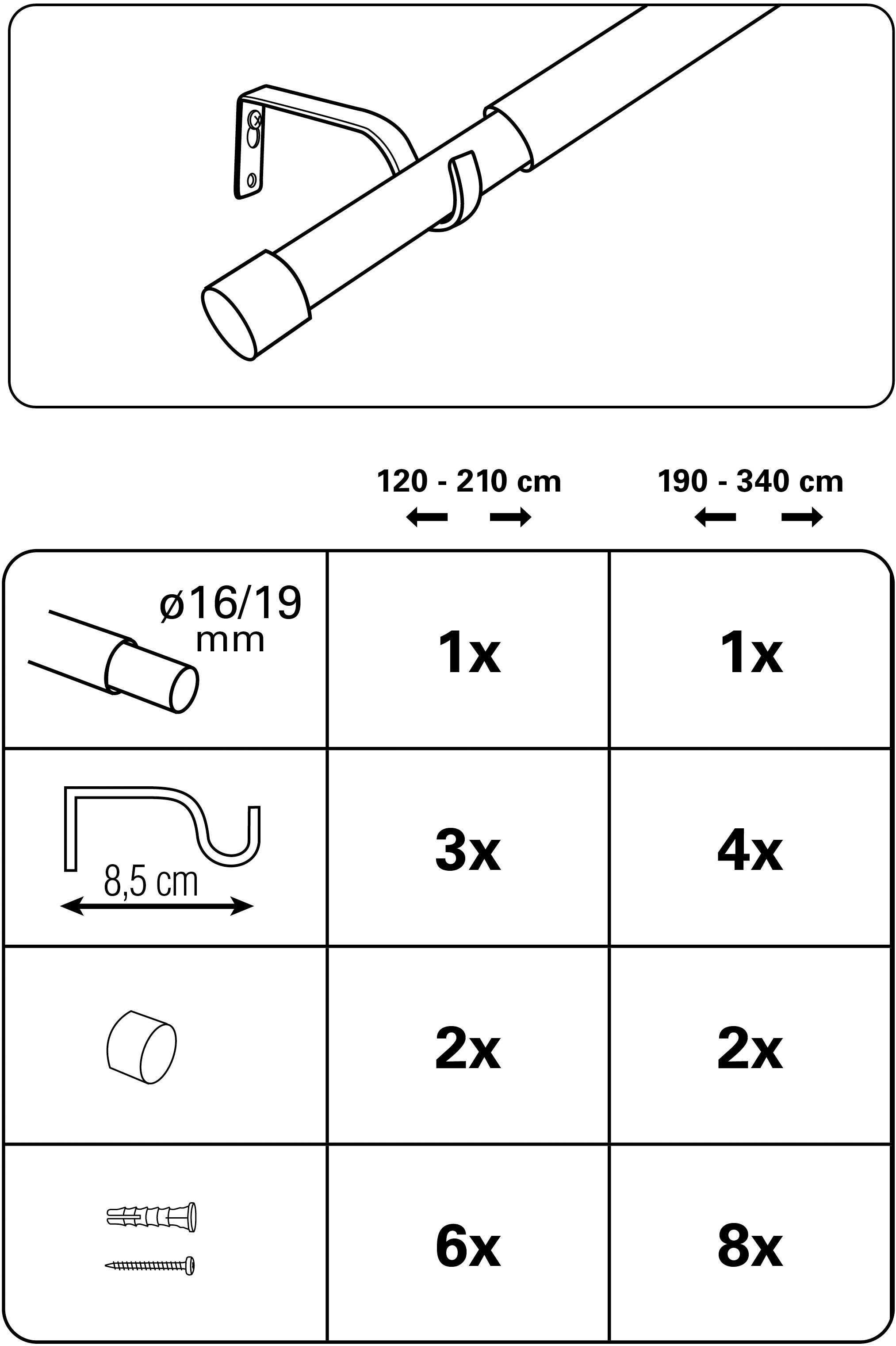 GARDINIA Gardinenstange Gardinenstangen Set Kos, Ø 19 mm, 1-läufig, mit Bohren, Metall, mit Bohren, Schrauben, Wandmontage, Metall, Ø 19/16 mm