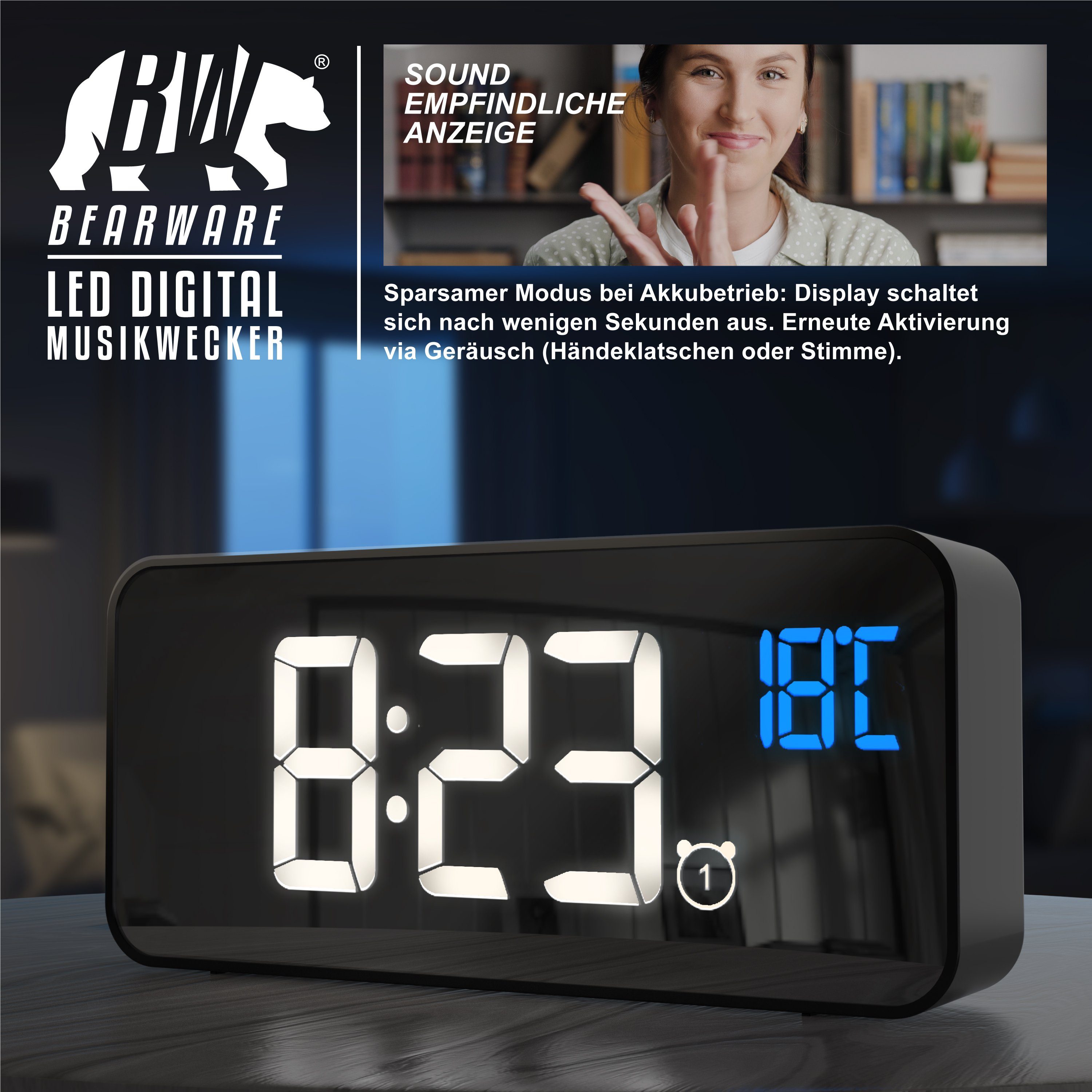 schwarz digital Reisewecker Akku Musikwecker mit BEARWARE Temperaturanzeige, Netzteil & Wecker