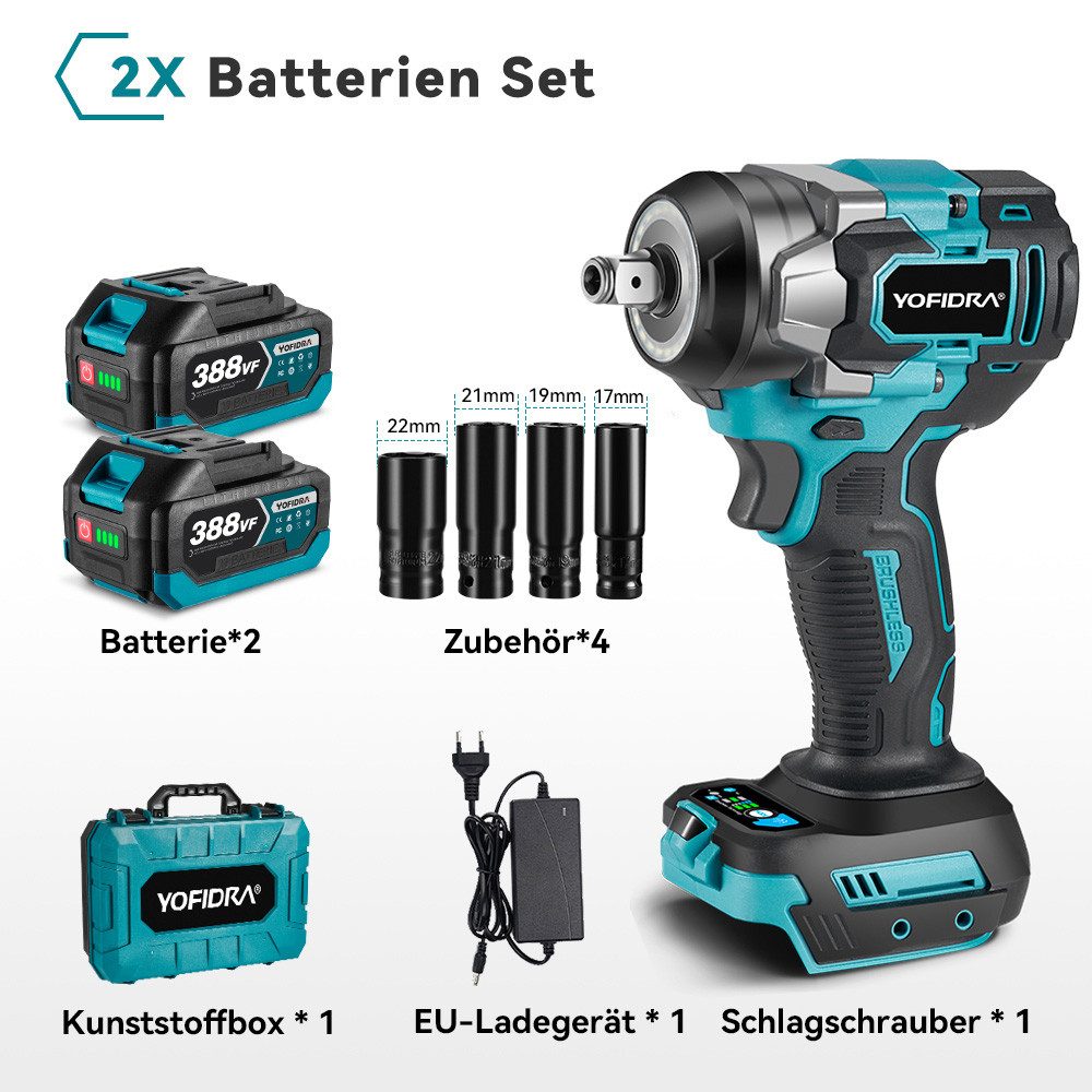Yofidra Akku-Schlagschrauber 1200Nm( 885Ft-Ibs)  Bürstenloser 1/2 Zoll Schlagschrauber, 6700 U/min, (mit 2× Akkus & 4 Stecknüsse), Schlagschrauber für Radwechsel/Auto