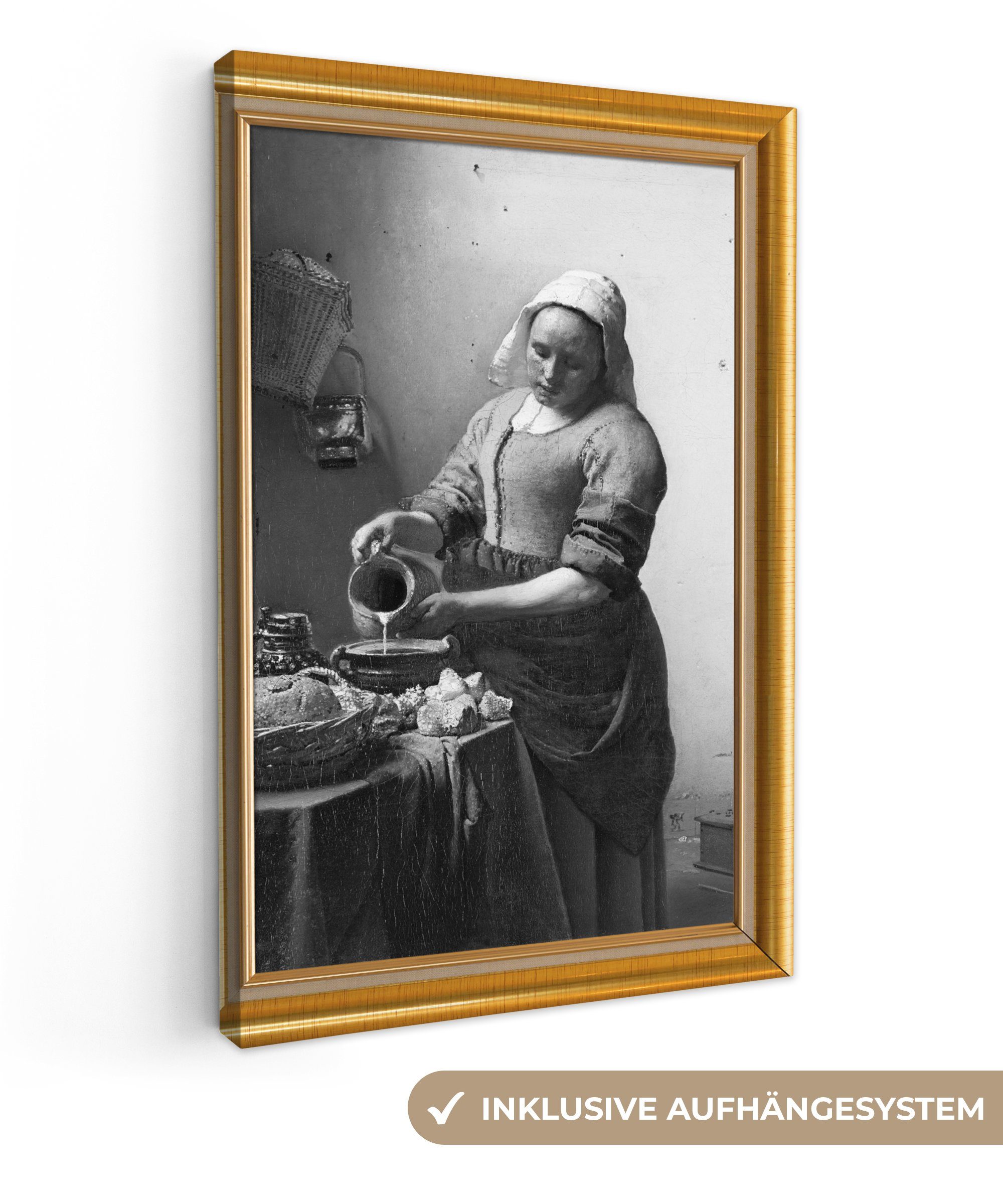 OneMillionCanvasses® Leinwandbild Milchmädchen - Vermeer - Rahmen - Gold, (1 St), Leinwandbild fertig bespannt inkl. Zackenaufhänger, Gemälde, 20x30 cm