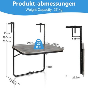 Randaco Balkonhängetisch Balkontisch 84x60x64cm Gartentisch klappbar Balkonhängetisch Grau (1 Tisch)