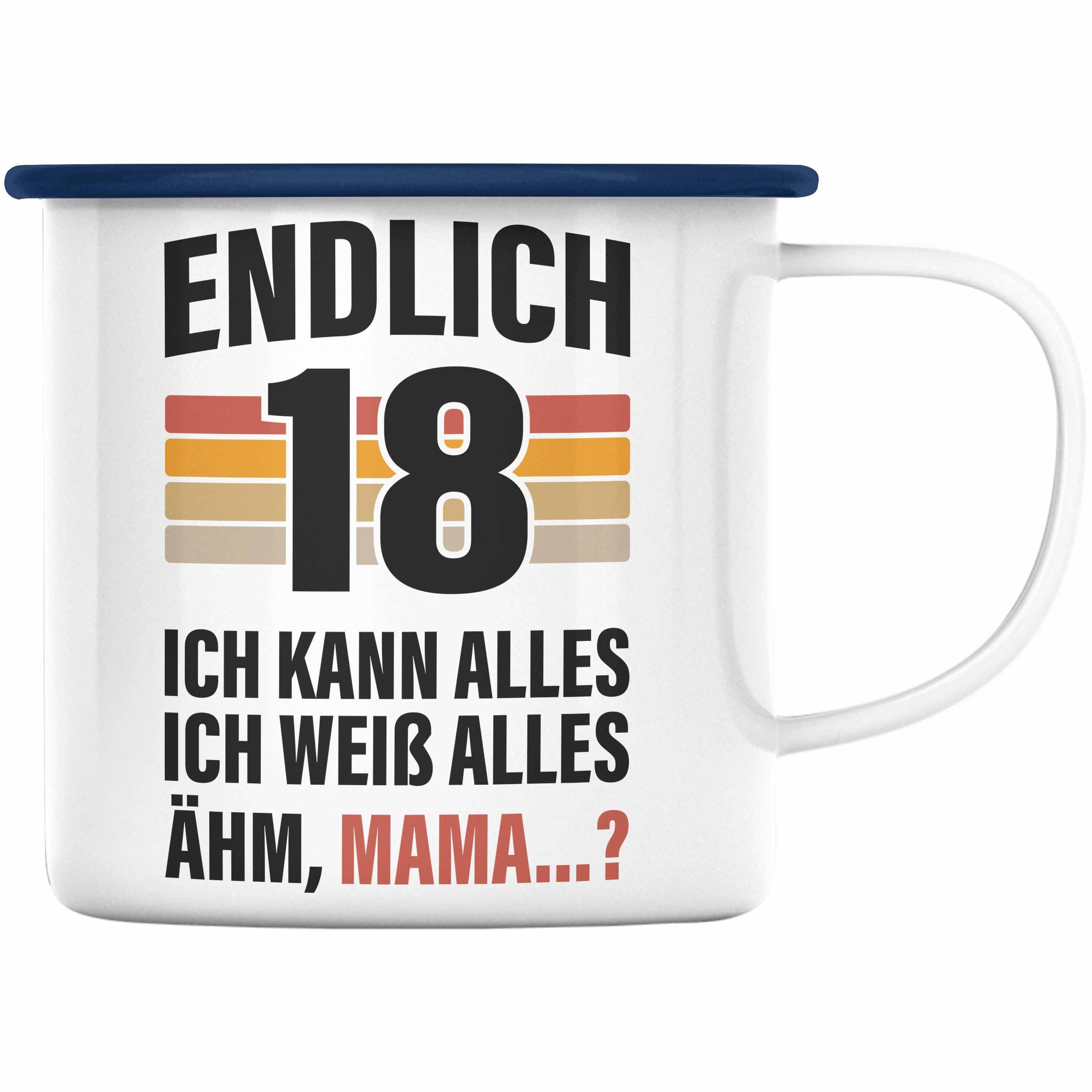 Trendation Thermotasse Trendation - 18. Geburtstag Junge Mädchen Emaille Tasse 18 Jahre alt Sohn Tochter Geschenkidee Blau