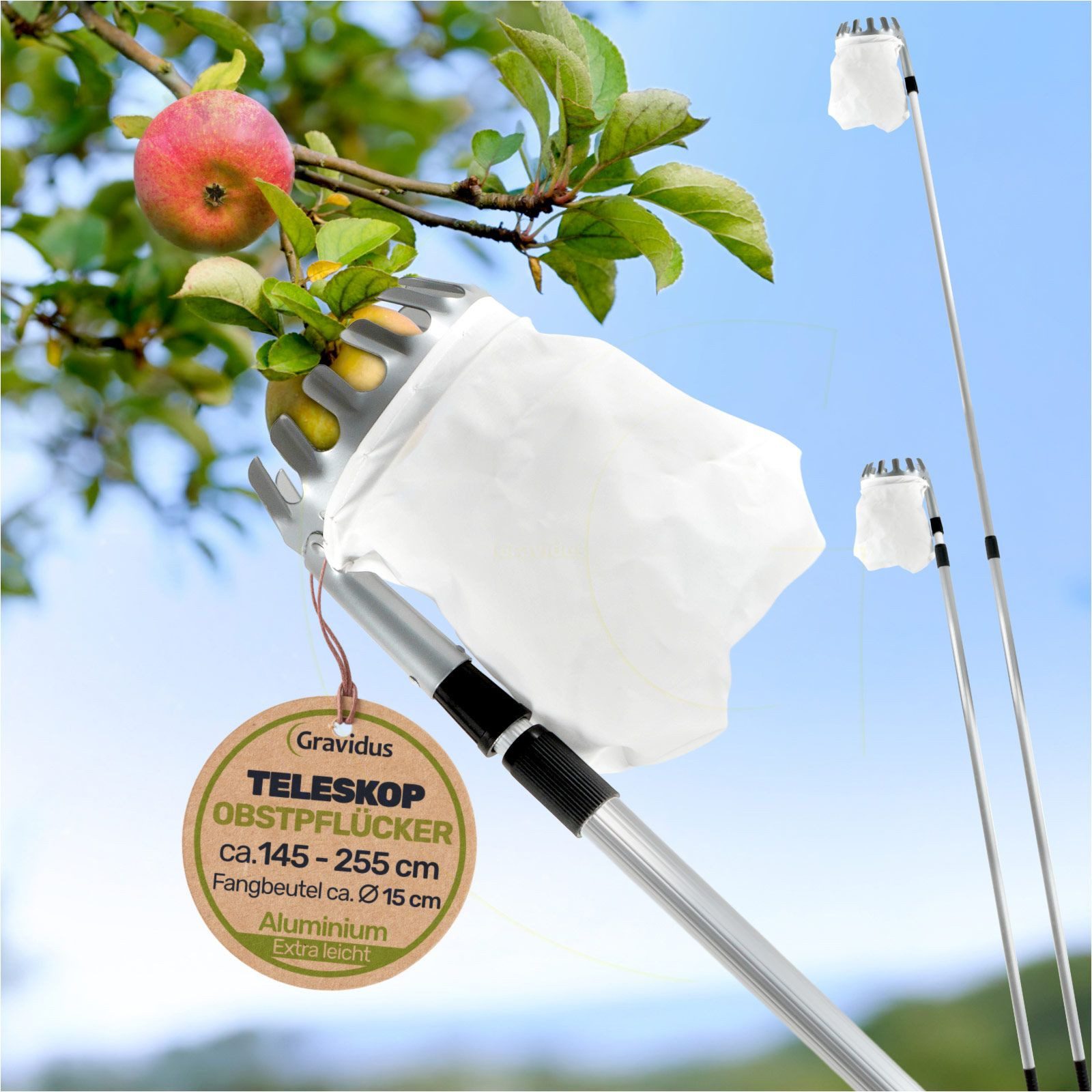 Gravidus Obstpflücker Praktischer Obstpflücker mit Teleskopstange Ideal für Äpfel und Birnen