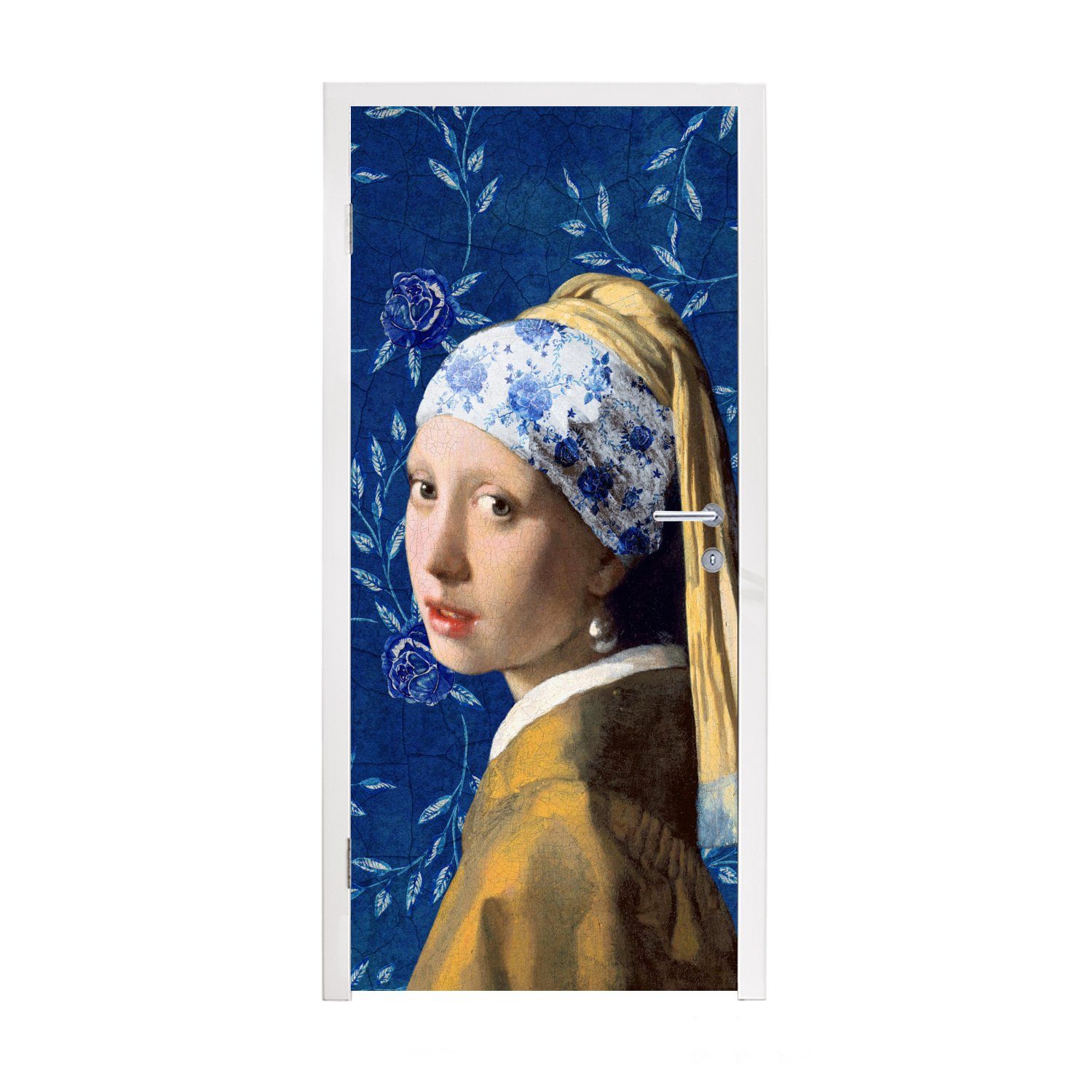 MuchoWow Türtapete Mädchen mit Perlenohrring - Delfter Porzellan - Vermeer - Blumen -, Matt, bedruckt, (1 St), Fototapete für Tür, Türaufkleber, 75x205 cm