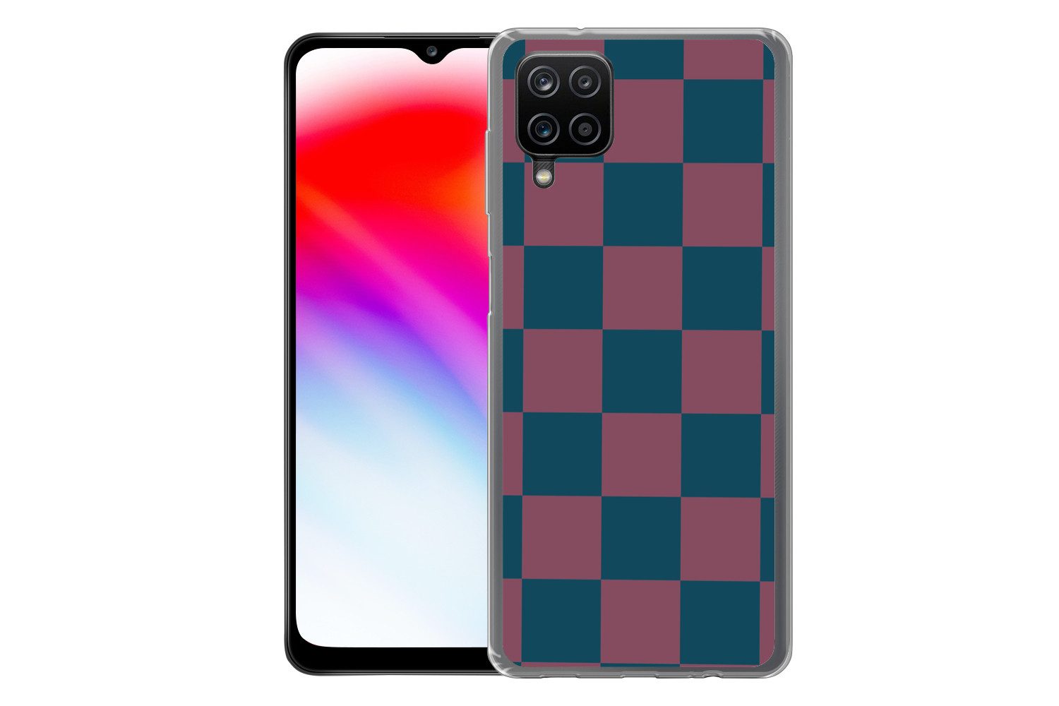 MuchoWow Handyhülle für Samsung Galaxy A12 Schachbrett Druck - Blau - Rot - Würfel, Smartphone-Bumper, Print, Handy Schutzhülle Dünn