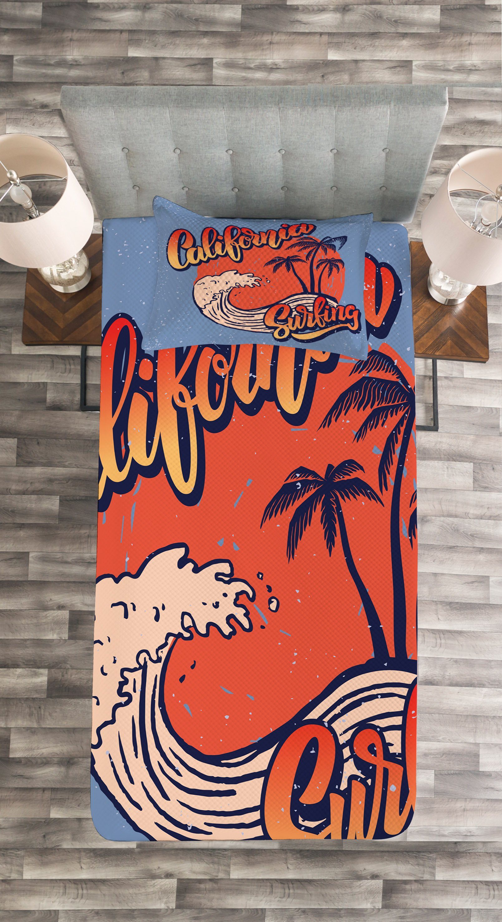 Tagesdecke Set mit Kissenbezügen Grafik-Strand Waschbar, Abakuhaus, Kalifornien-Surfen
