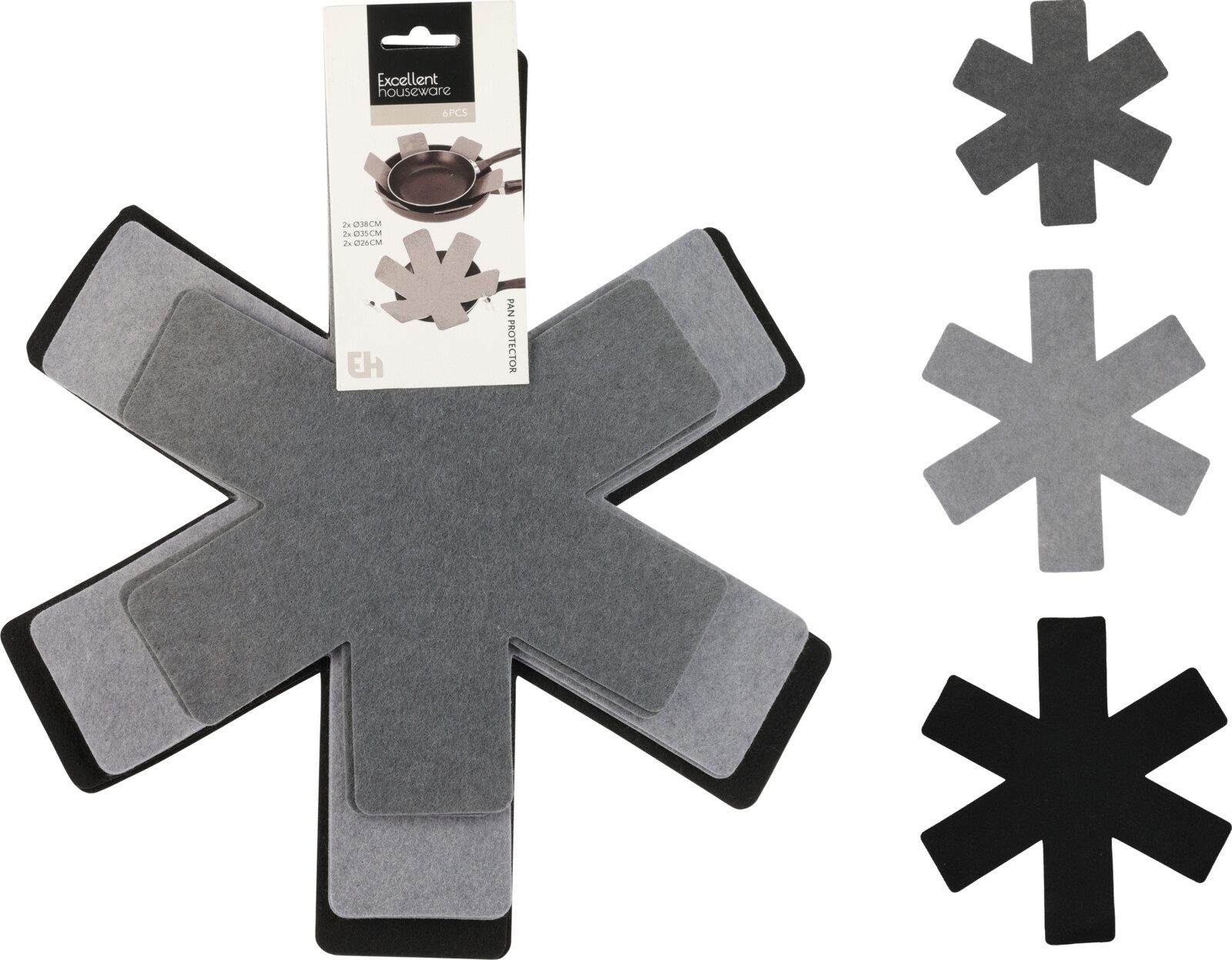 Koopman Pfannenschoner Kratzschutz Защиты для кастрюль Topfschutz Stapelschutz Filz, 6-tlg., 6-tlg, Grautöne, 3 Größen, Ø 26cm, 35cm, 38cm, Polyester