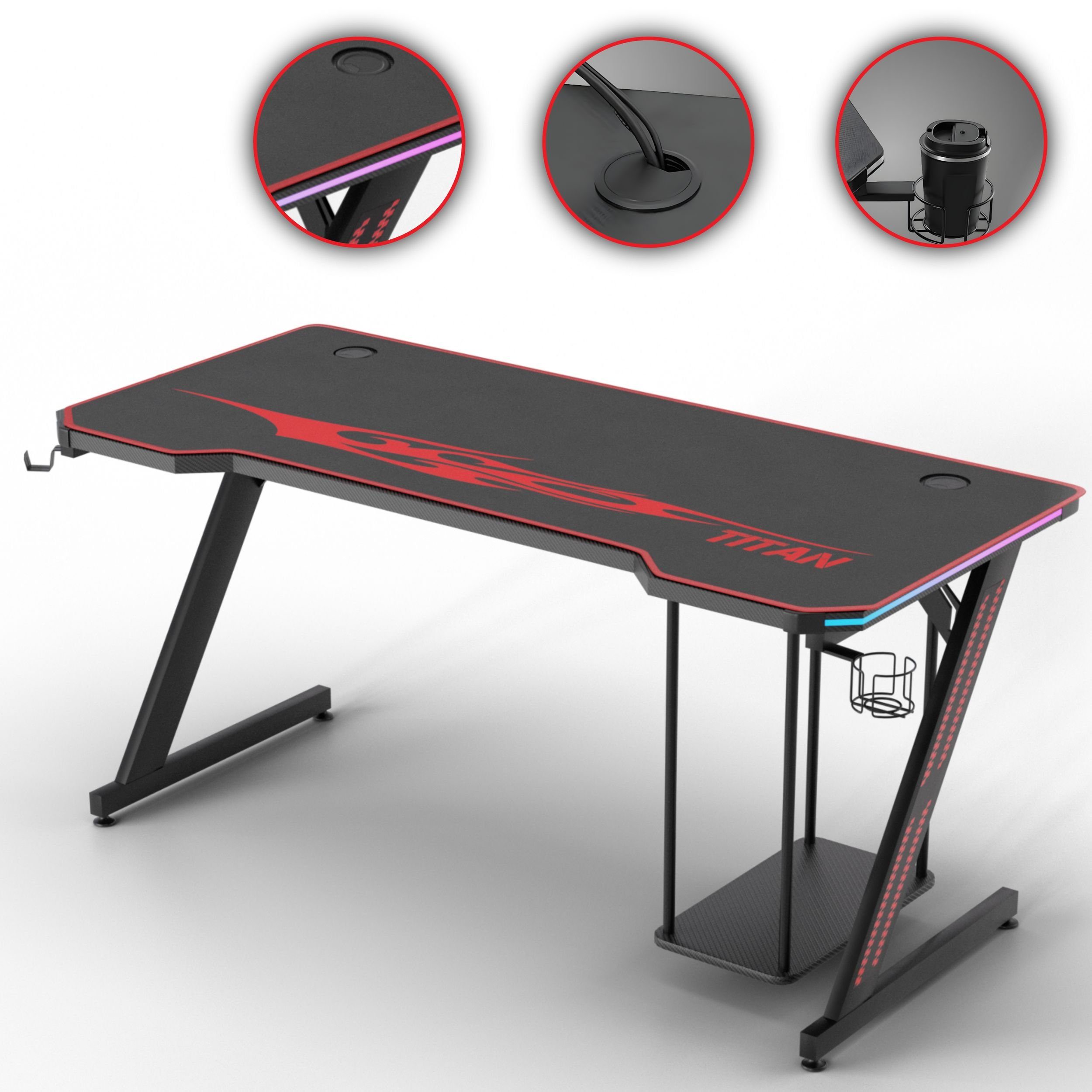 MY SIT Schreibtisch Gaming Tisch 140 cm TITAN mit LED Beleuchtung und Mauspad