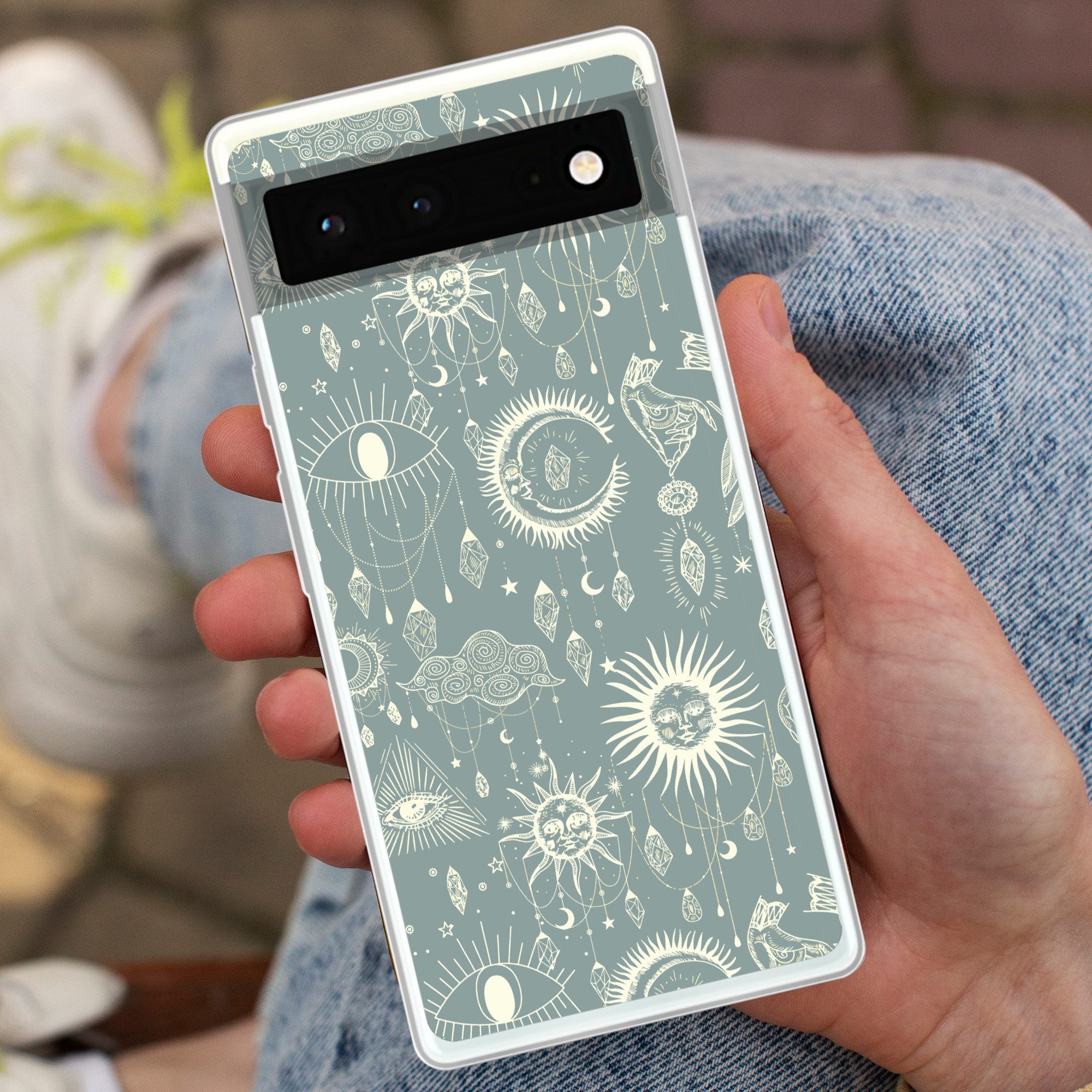 MuchoWow Handyhülle für Google Pixel 6 Boho - Druck - Blau - Sonne - Augen - Zen, Handy Case, Silikon, Bumper Case Dünn