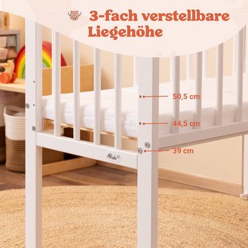 Alcube Beistellbett LENI Weiß aus Kiefernholz babybett 90X40 cm 3-fach höhenverstellbares, inkl. Matratze, Lattenrost für Boxspringbett geeignet Made in Europe