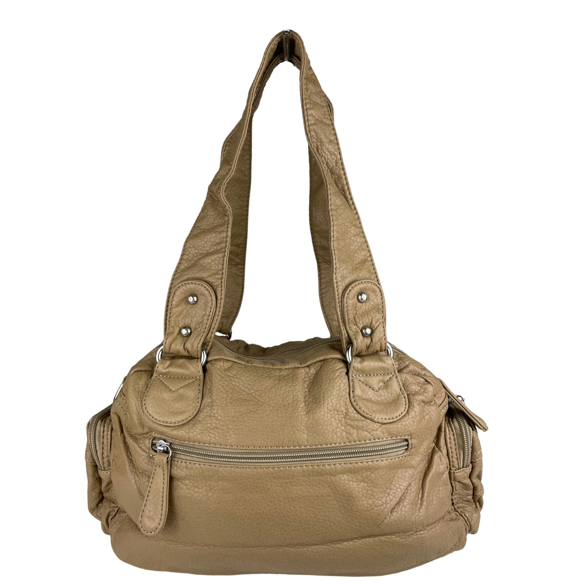 Taschen4life Schultertasche klassische Damen Handtasche (Schultertasche) mit Nieten AKW22032, viele Fächer, verstellbarer abnehmbarer Schulterriemen