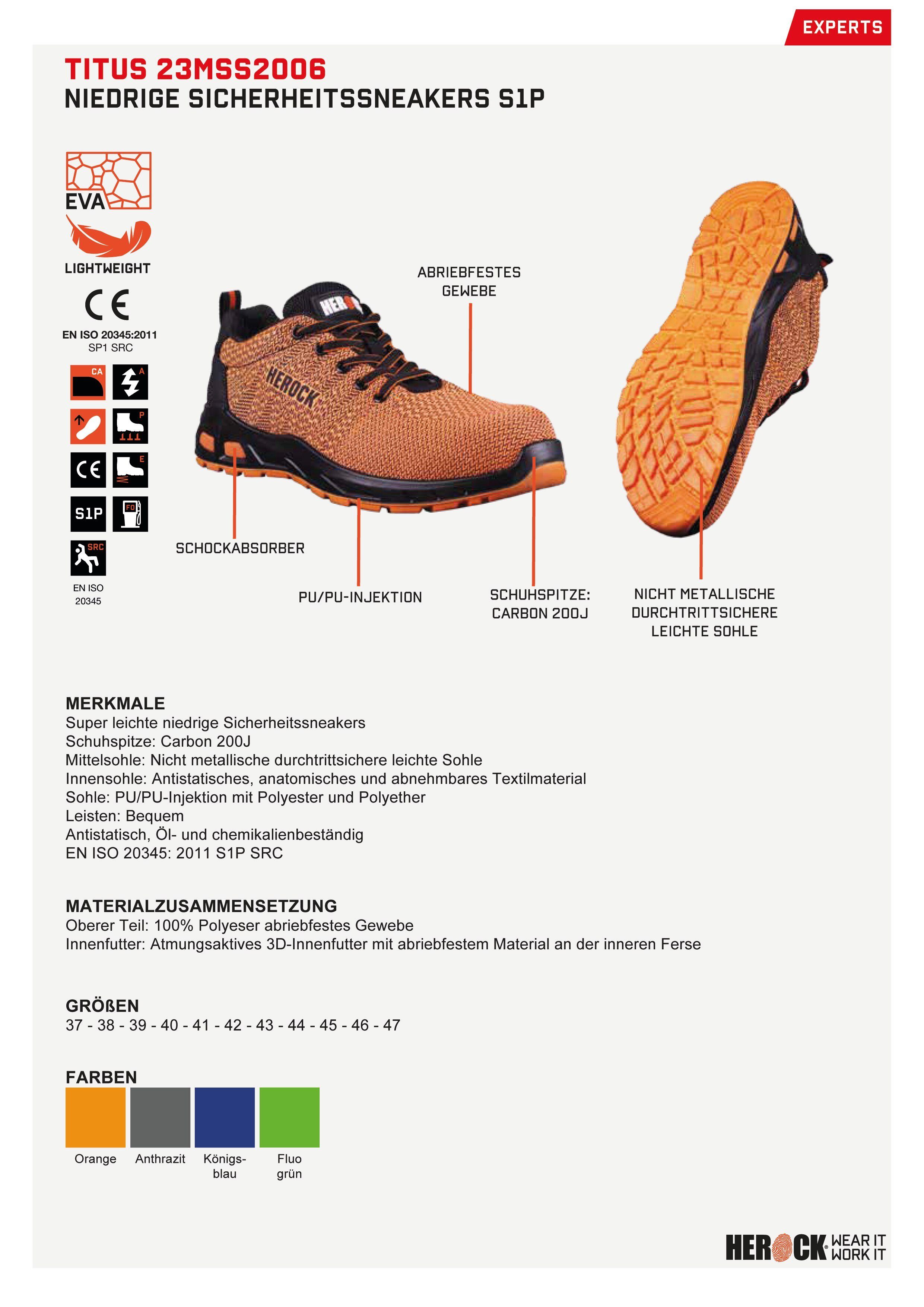 Sicherheitsschuh Sicherheitssneakers Herock Extrem Titus orange rutschhemmend Niederige S1P Fiberglaskappe, durchtrittschutz, leicht,