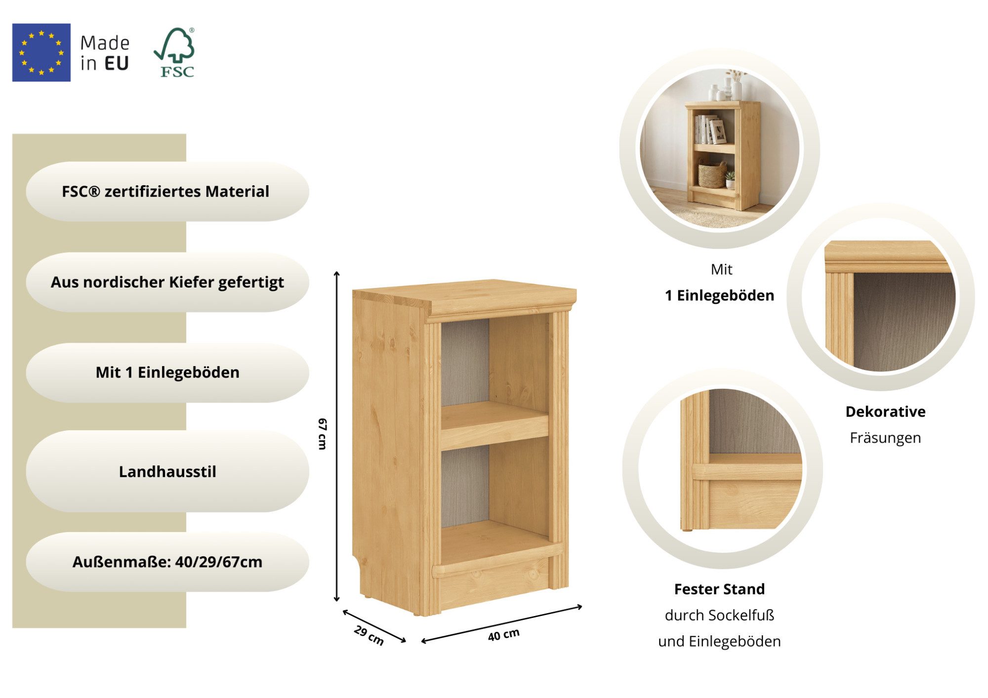 OTTO home Standregal Riga Bücherregal Regal Breite/Tiefe 40/29 cm, aus massiver Kiefer, FSC®-zertifiziert
