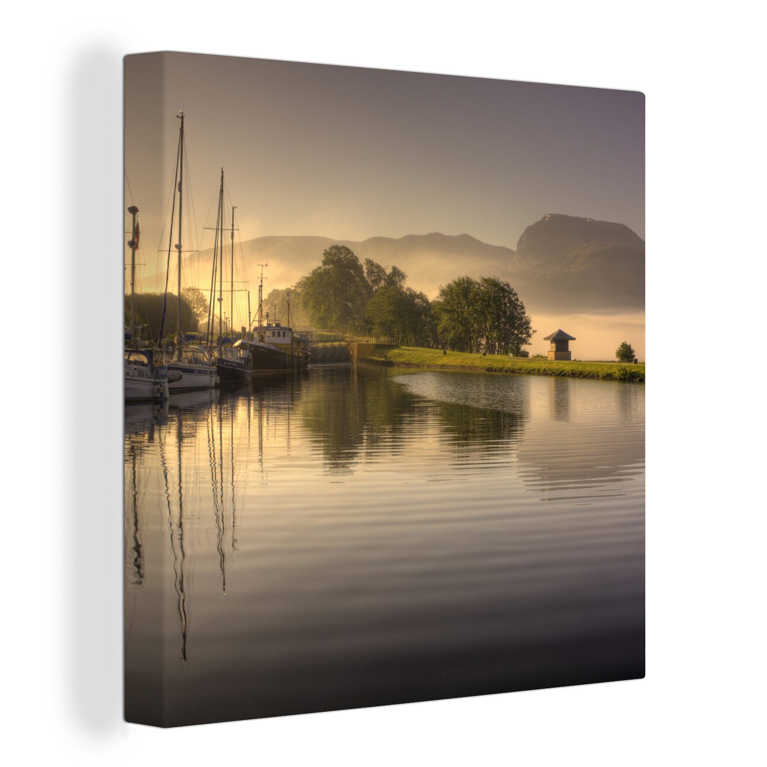 OneMillionCanvasses® Leinwandbild Hafen mit Ben Nevis im Hintergrund in Schottland, (1 St), Leinwand Bilder für Wohnzimmer Schlafzimmer