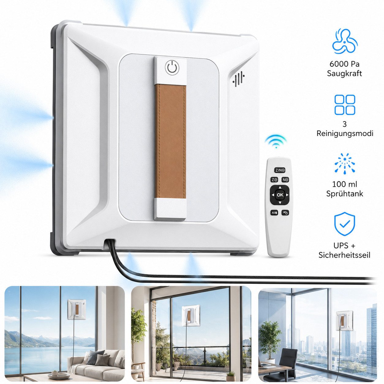 AIBISTAR Fensterputzroboter Fenstersauger Automatischer Fensterreiniger Elektrisch 6000KPA, 100 ml Wassertank,Intelligentes Sprühsystem,Absturzsicherung