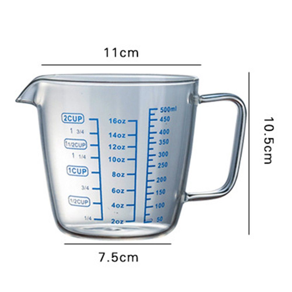 Rutaqian Messbecher Glas Messbecher,250 Liter,Milliliter,Maßkanne, hitzebeständig,mit Griff, ml,Skalierung für Skala Transparent-500ml ml/500 transparent