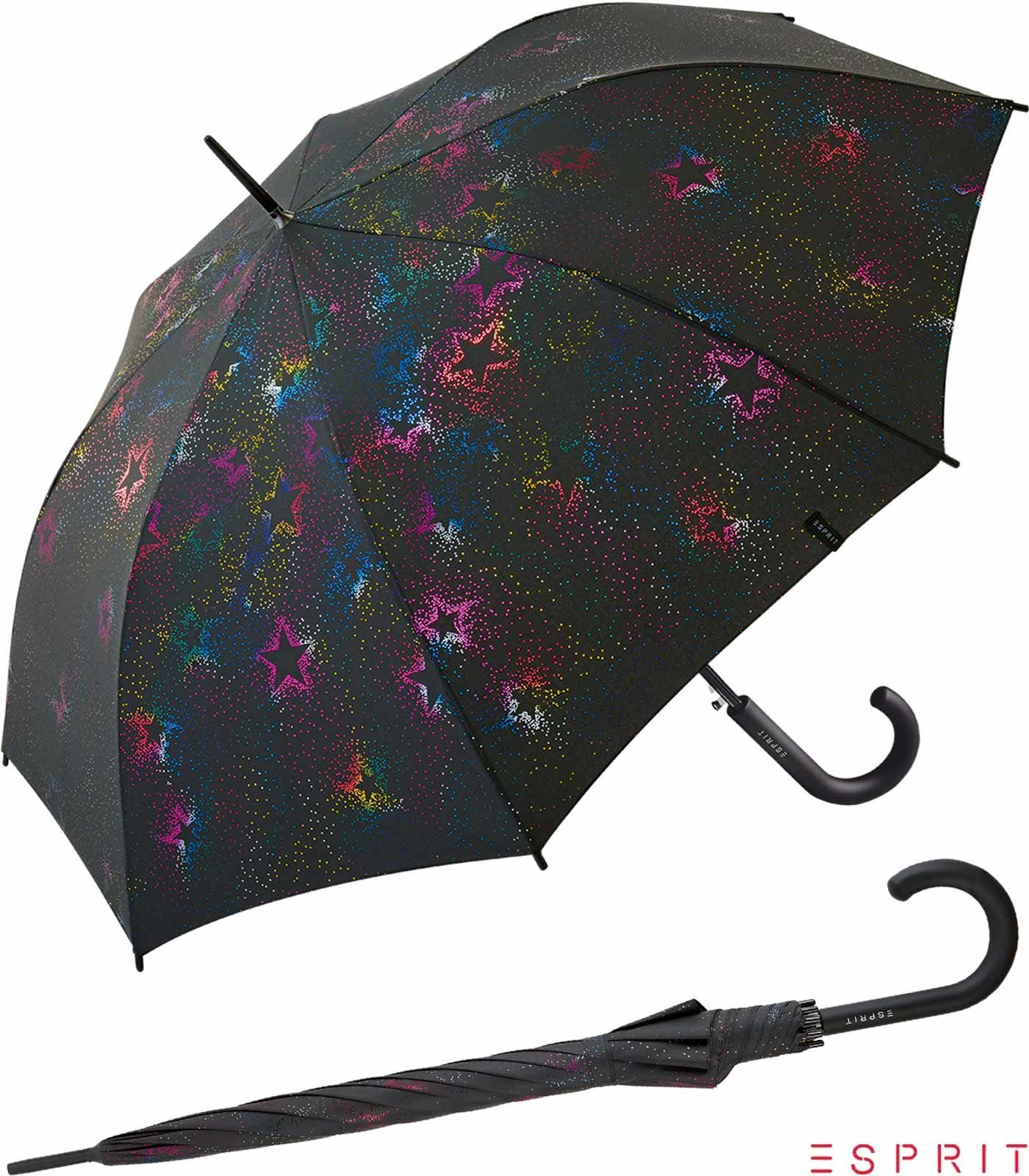 Esprit Langregenschirm Damen Auf-Automatik - Starburst - multimetallic, groß, stabil, mit verspieltem Sternenmuster