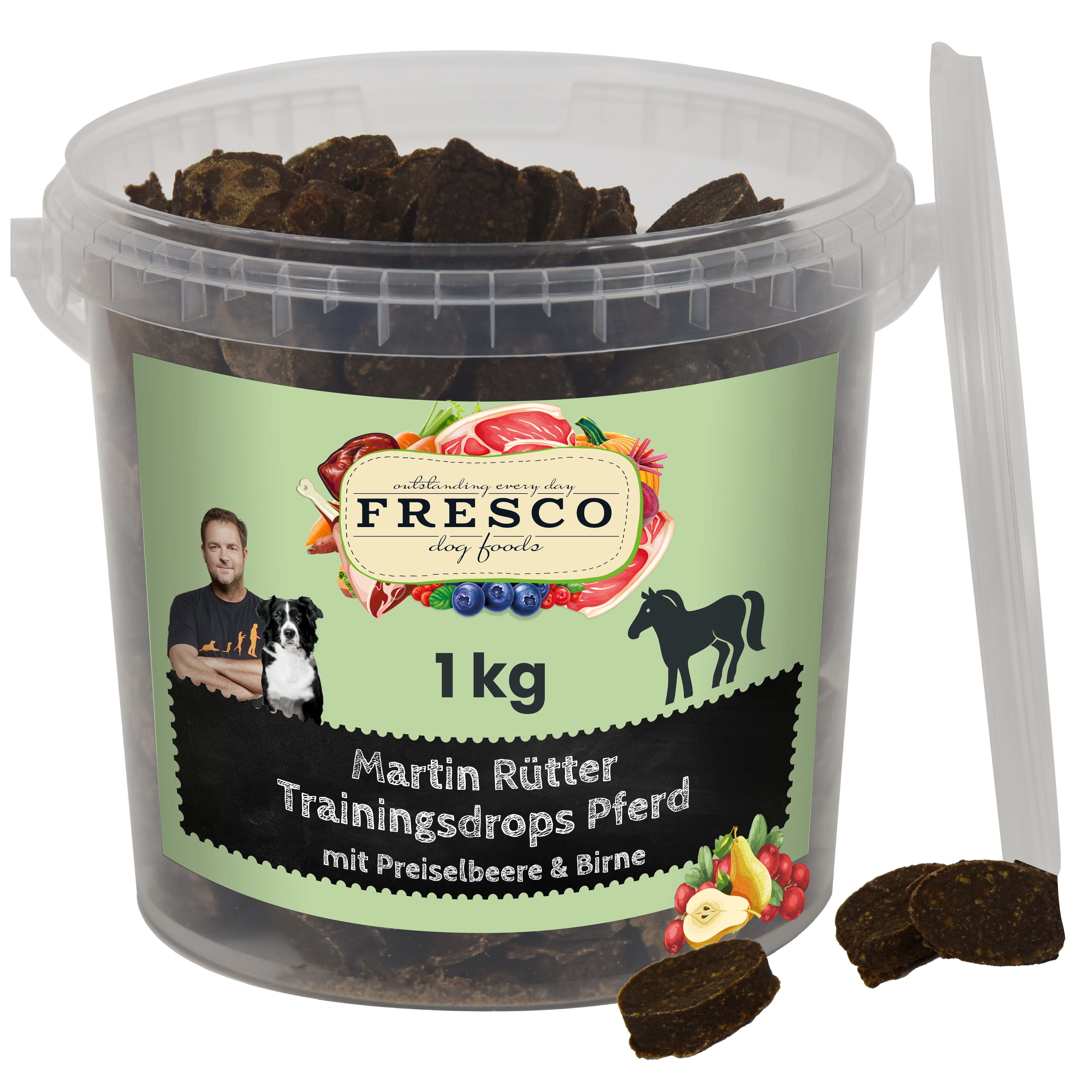 Fresco Dog Martin Rütter Trainingsdrops Pferd mit Preiselbeere und Birne, 1kg, Snack für: Hunde, Hypoallergen, getreidefrei, fettarm