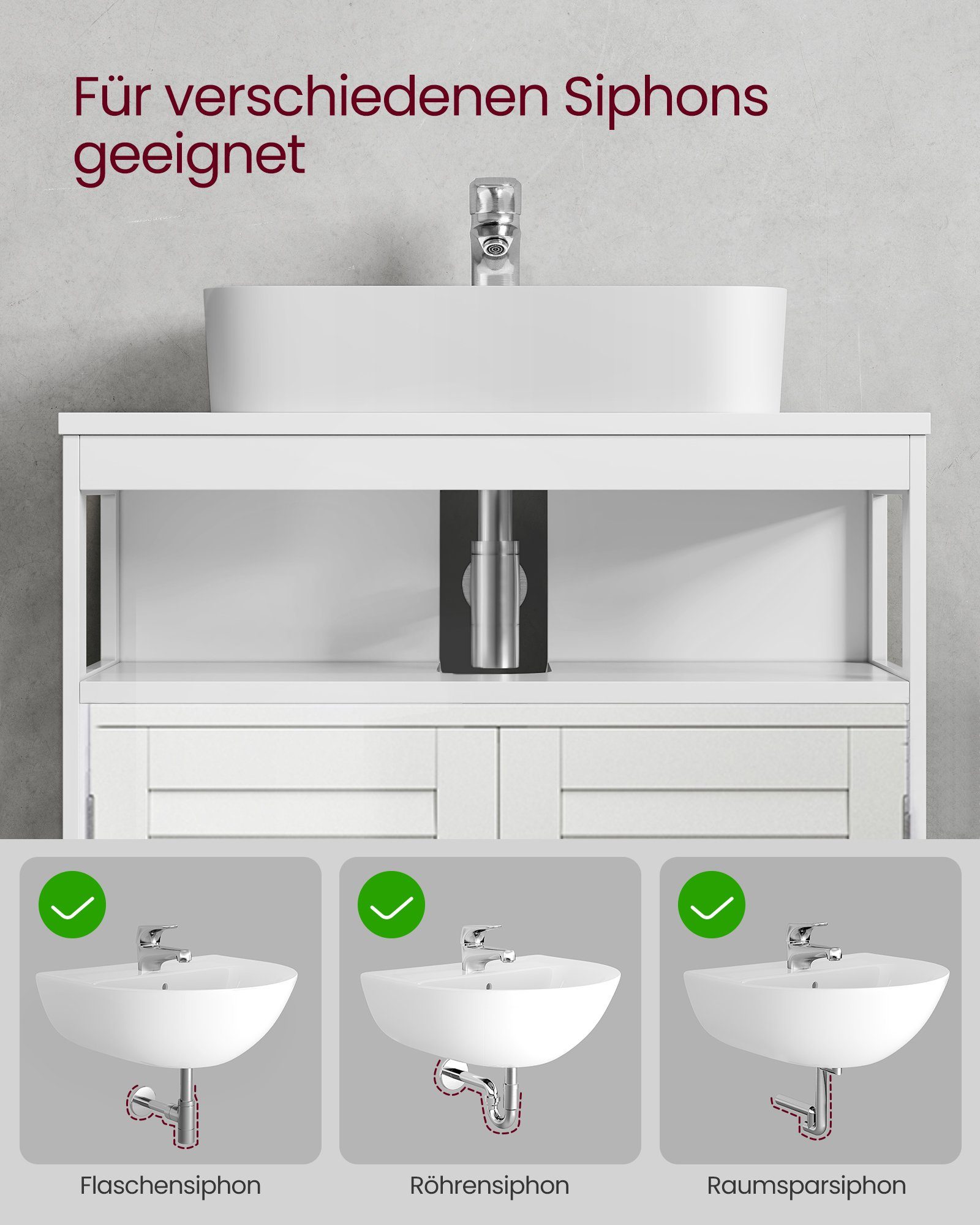 VASAGLE Waschbeckenunterschrank Badezimmerschrank, Aufbewahrungsschrank mit 2 Türen, offenes Fach mit 2 Lamellentüren, viel Stauraum – Bild 5 von 5