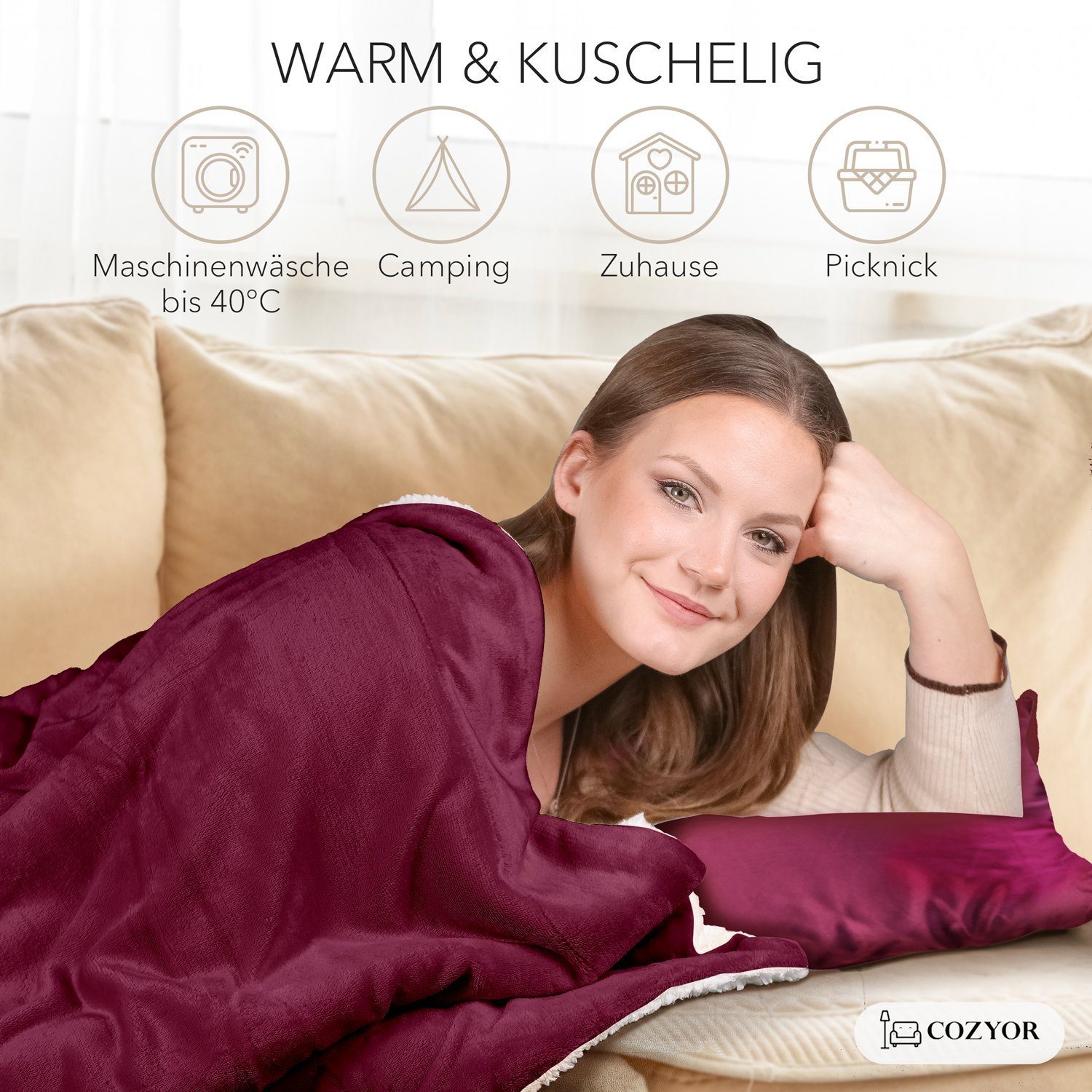 Wohndecke Kuscheldecke XL warm Sherpa, dicke Sofadecke, hochwertige Tagesdecke, Cozyor, 150x200 Plüschdecke bordeaux Berry, flauschig Sofaüberwurf Sherpadecke