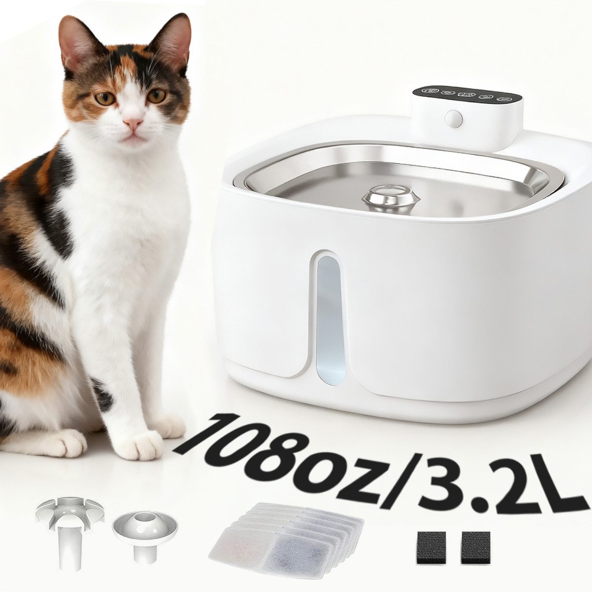 Fine Life Pro Trinkbrunnen für Katze und Hund - SUS304 Edelstahl Kabellos mit Sensor, Stumm 3.2 l, Wiederaufladbar, inklusive 3 Ersatzdüsen und 1 Filterkartusche.