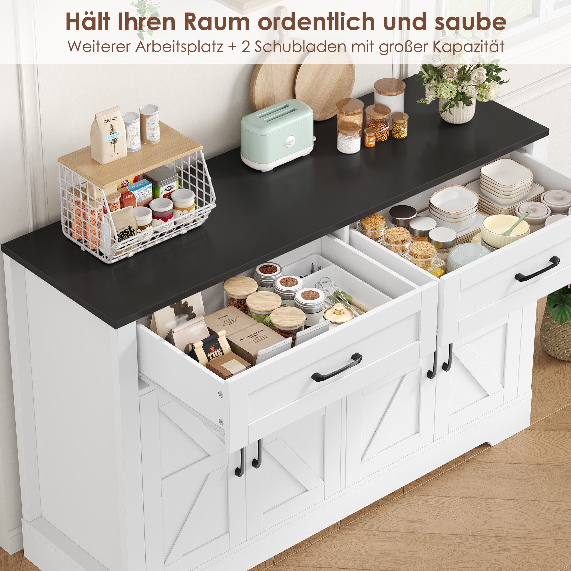 HOMECHO Buffet 120cm Küchenschrank mit 2 Schubladen 4 Türen