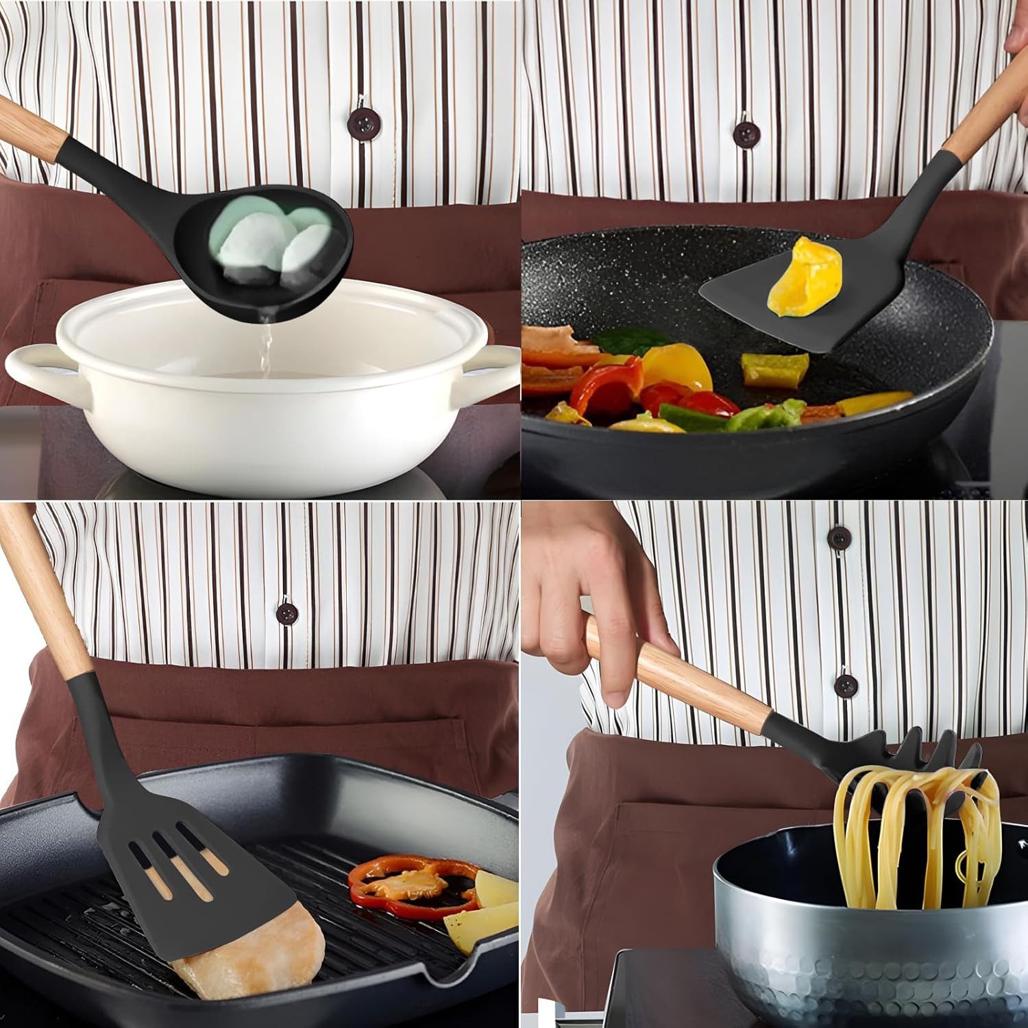 Realb2b Kochbesteck-Set Küchenutensilien Set 12 tlg Silikon Holzgriff Kochbesteck (Mehrteiliges Küchenutensilien Set 12 tlg Silikon Holz, 12-tlg., 12 tlg Küchen – Bild 5 von 5