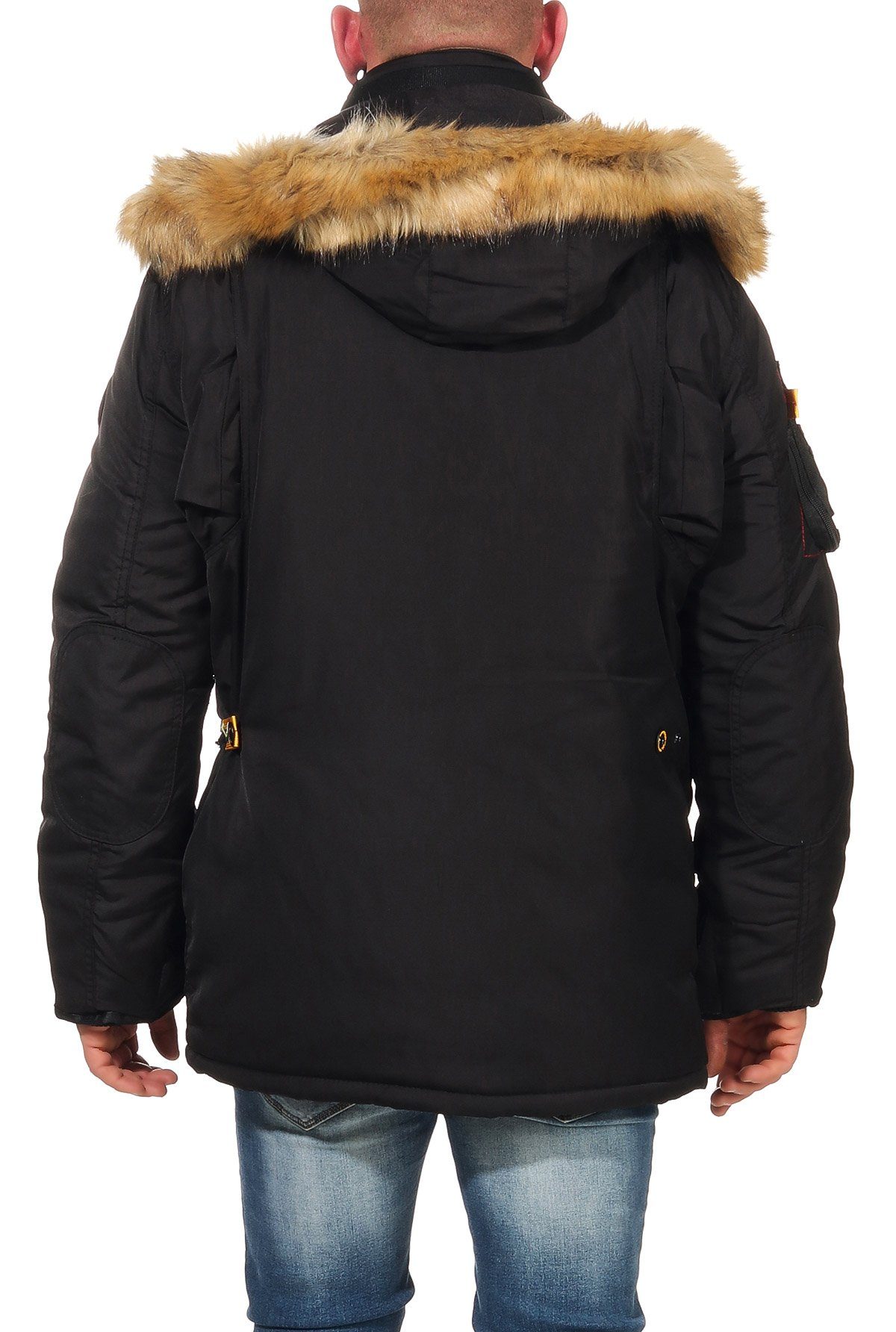 Agaros Taschen beides Kapuze Geographical Norway Fellbesatz: Winterjacke viele individuell mit abnehmbar, Schwarz