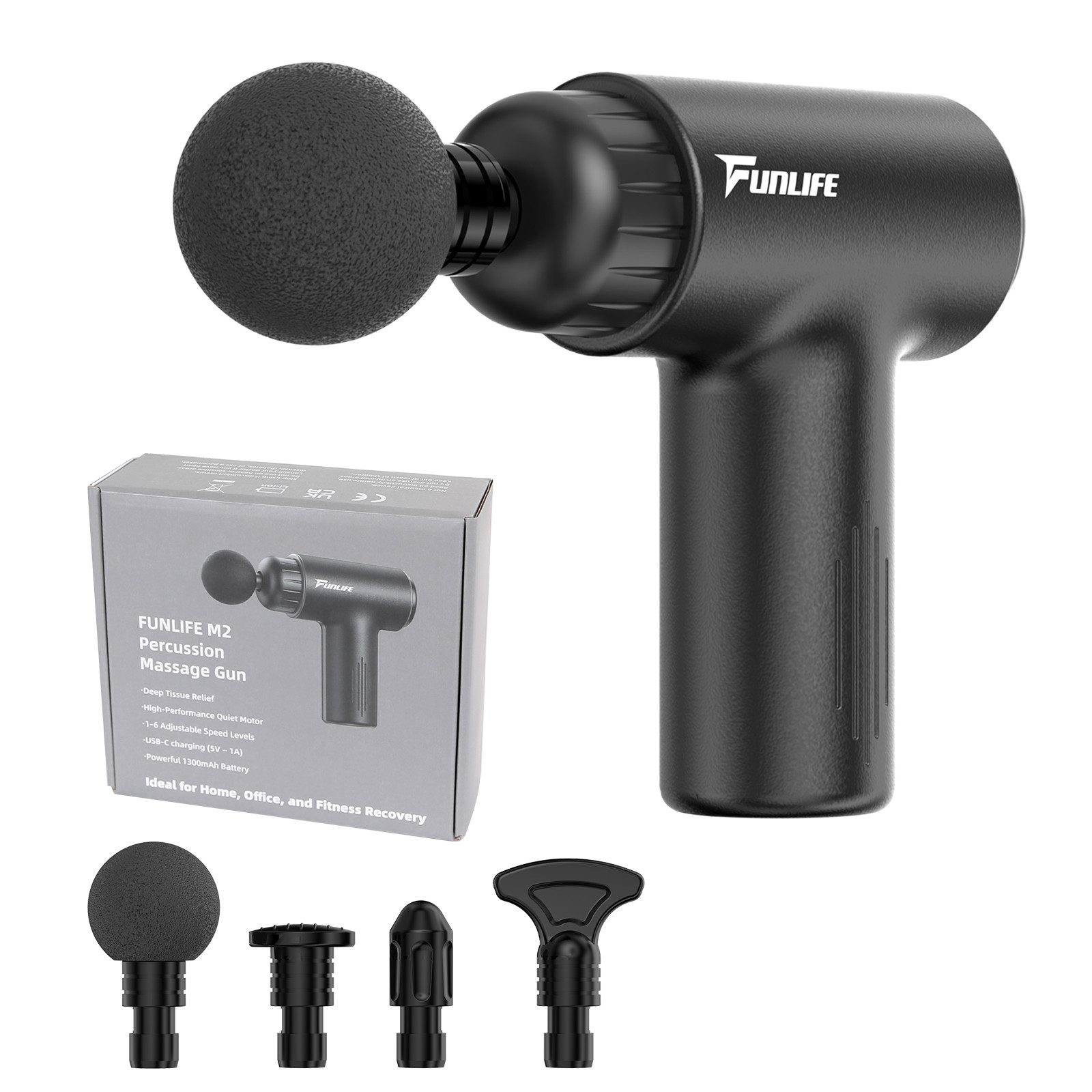 FunLife Massagepistole Mini Massagepistole für Reise & Alltag, Komplett-Set, Kompakt & Reisebereit, 0,5 kg · 12 mm Tiefenmassage · USB-C