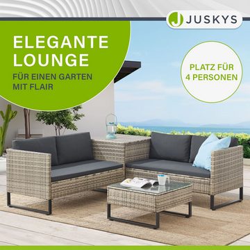 Juskys Gartenlounge-Set Santorini, (4-tlg), Polyrattan Sitzgruppe mit Beistelltisch & Auflagenbox, wetterfest