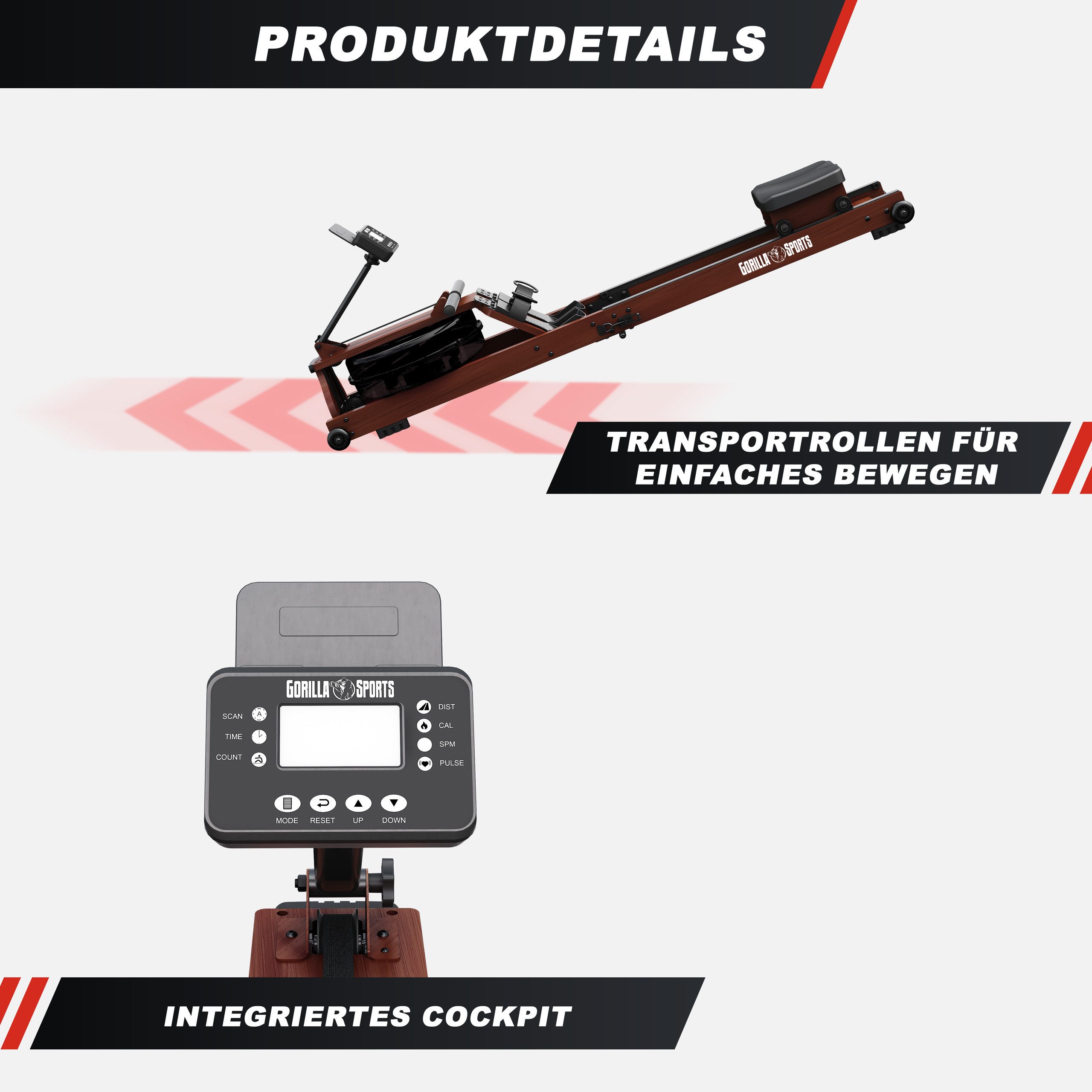 GORILLA SPORTS Rudergerät Klappbar, Bluetooth, 6 Stufen, App Kompatibel, Holz - Rudermaschine (1-tlg)