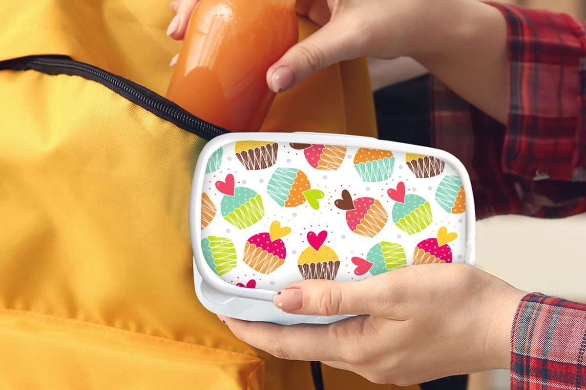 MuchoWow Lunchbox Kinder - Brotbox Design Kunststoff, - Regenbogen für weiß Erwachsene, Jungs für (2-tlg), Herz, und Mädchen Muffin - Brotdose, und