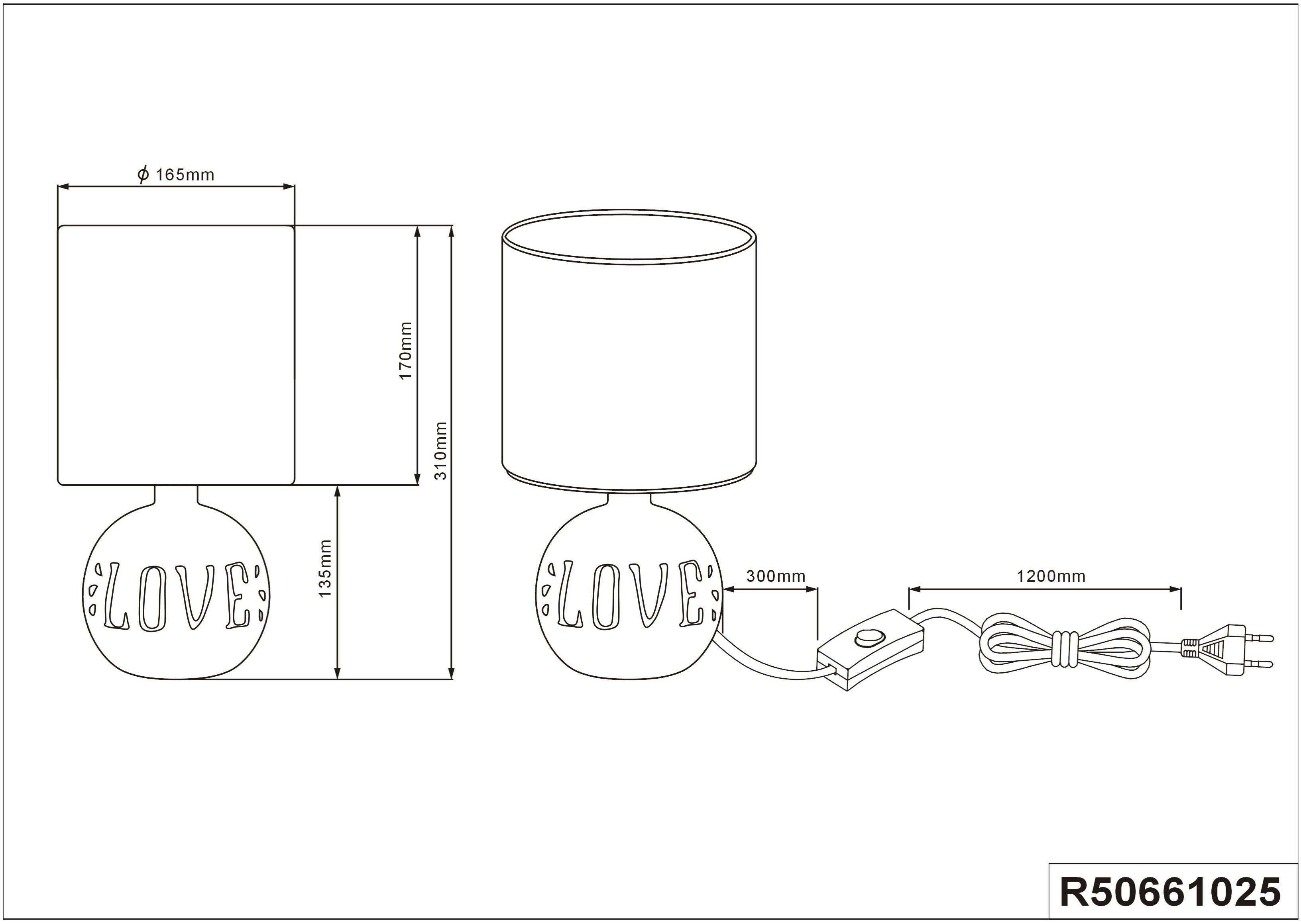 Keramikfuß mit Tischleuchte LOVE-Schriftzug, Esna, E14 wechselbar, Stoffschirm Leuchtmittel Schreibtischlampe und TRIO Leuchten