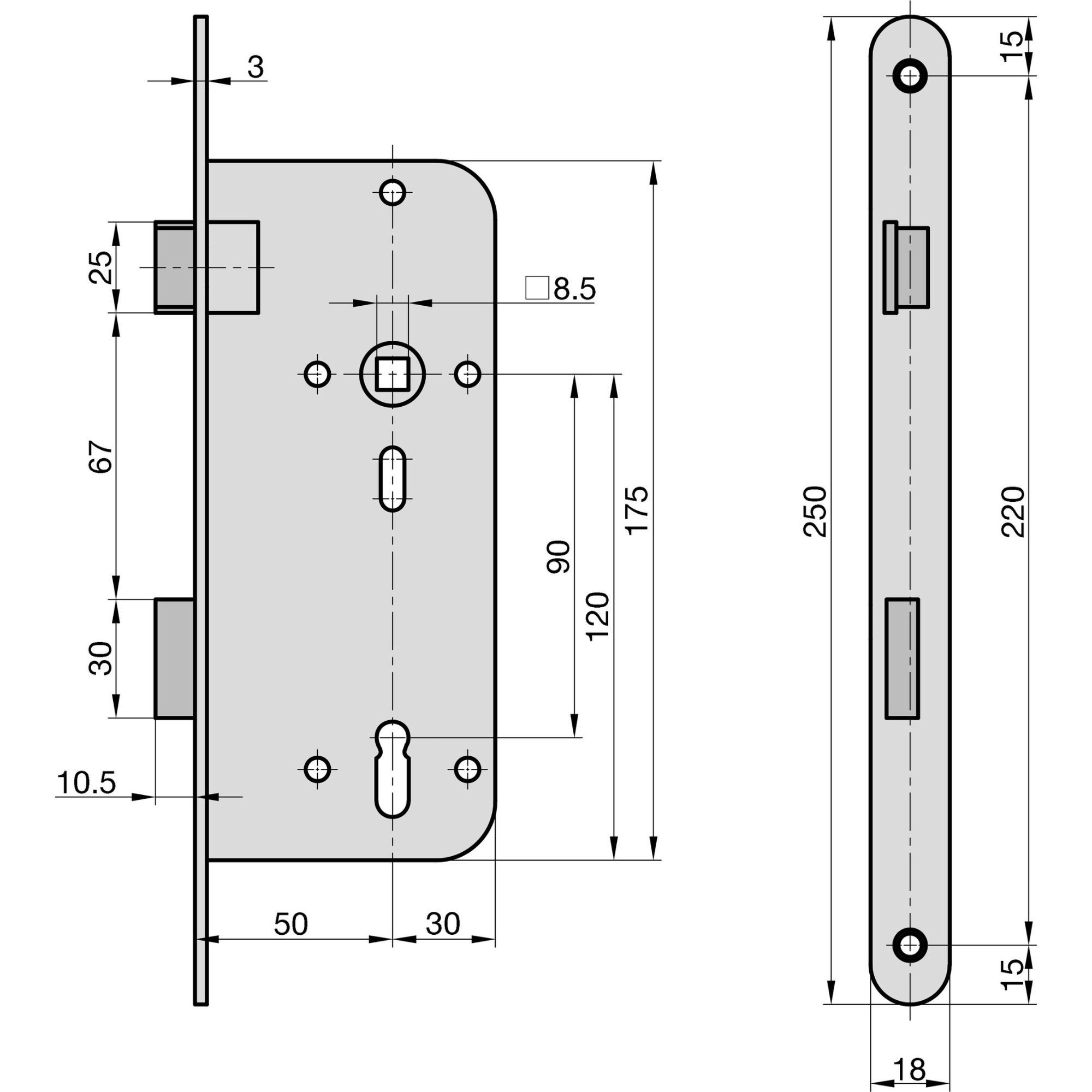 BASI Einsteckschloss Zimmertürschloss mit BB-Lochung 88/8,5 mm, Ö-Norm, Dornmaß 50 mm, Packung, 1-tlg., DIN Rechts/Links, Stulp 250x18 mm, Dorn 50mm, Abstand 88 mm