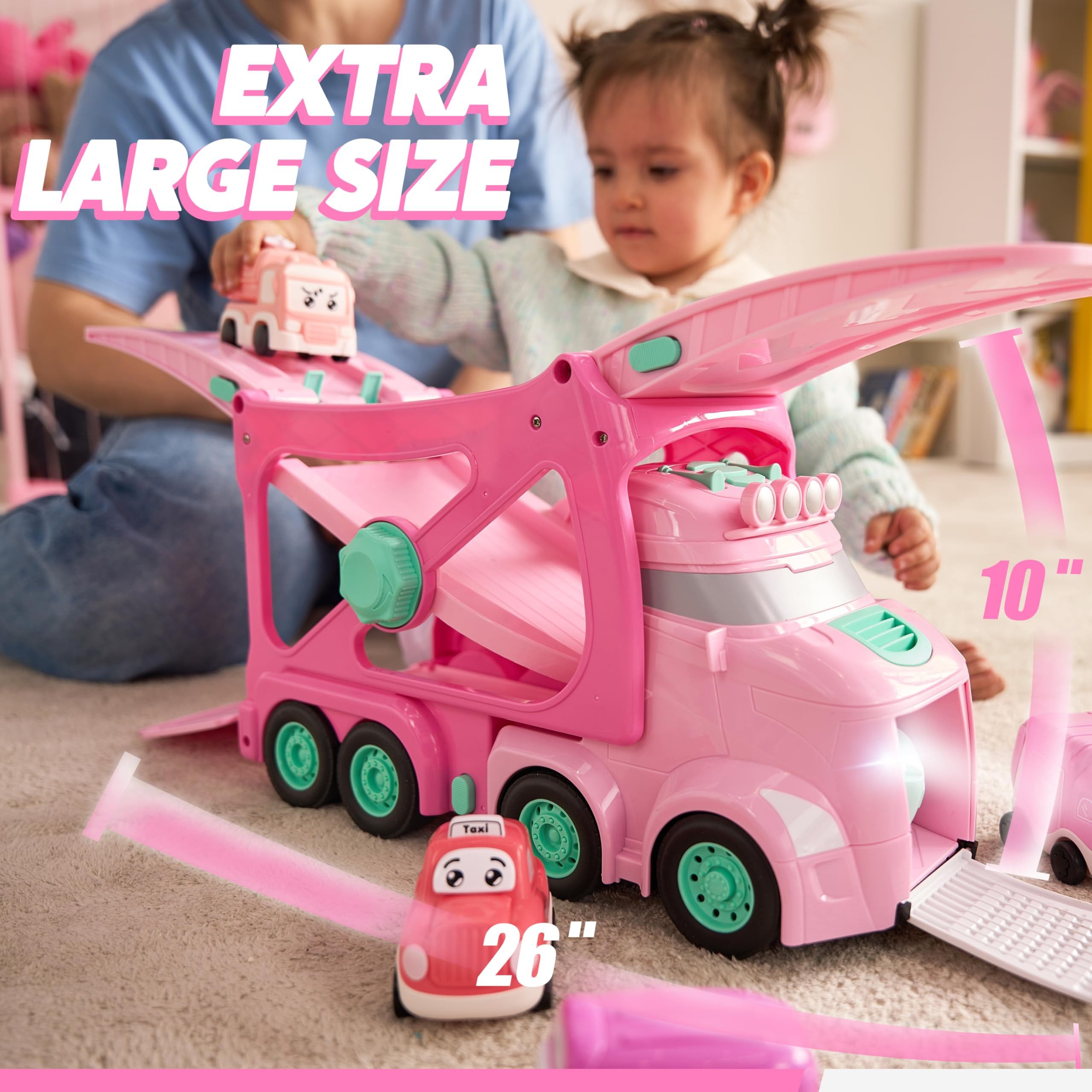 Vroomix Spielzeug-LKW Vroomix Riesen-Bau-LKW mit 6 Autos, Licht & Sirene – Geschenk