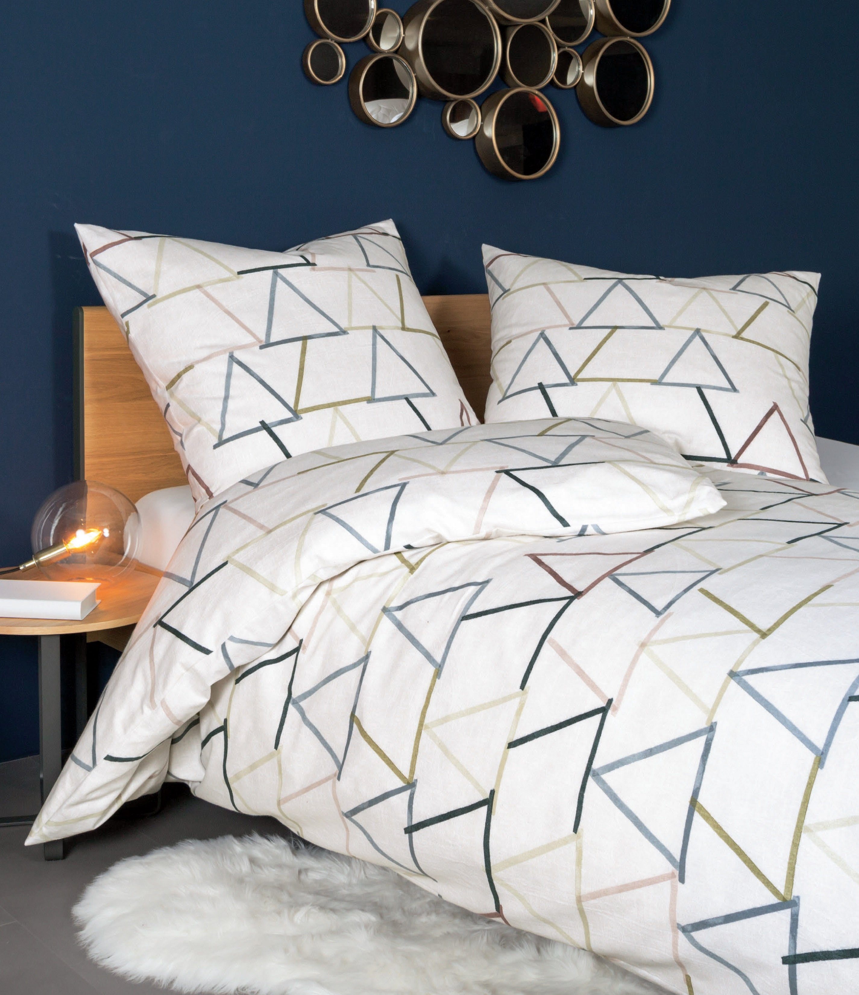Janine Bettwäsche Janine Davos Biber Bettwäsche 200x200 Dreiecke Oliv blau mineralblau, Biber, 3 teilig