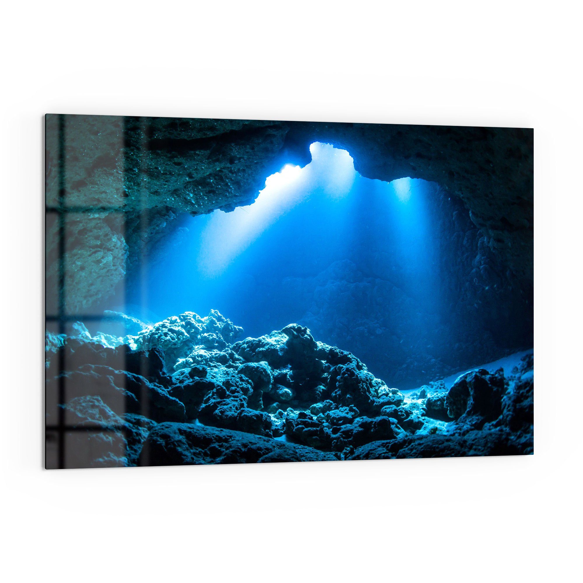 DEQORI Küchenrückwand 'Felsige Unterwasserhöhle', Glas Spritzschutz Badrückwand Herdblende