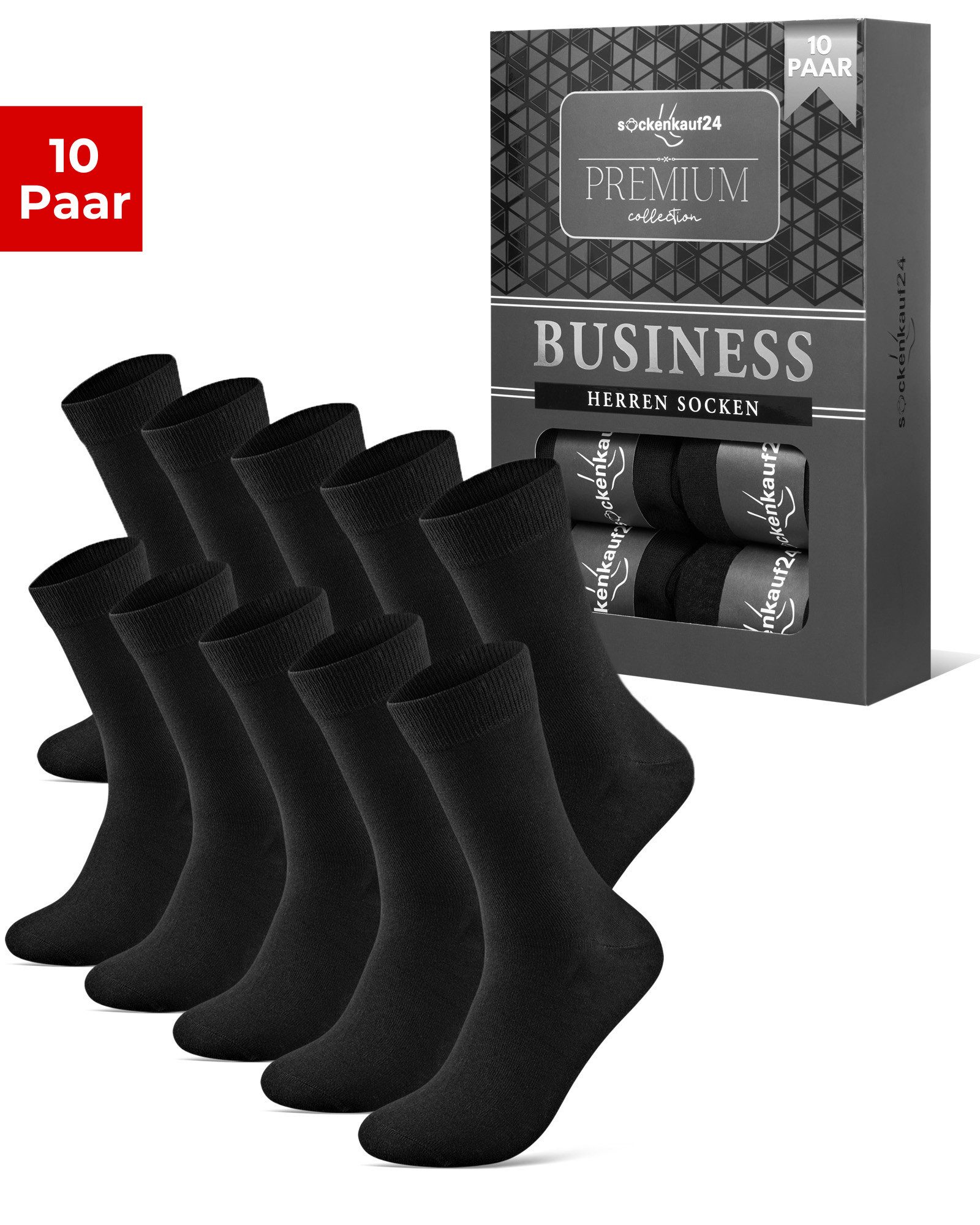 sockenkauf24 Businesssocken 10 Paar Herren Socken Premium Business Socken mit Komfortbund (10-Paar) atmungsaktive Baumwolle, ohne Naht, verpackt in einer edlen Box